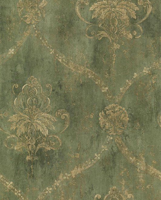 Wallpaper By The Yard Gold Lattice Floral Damask Distressed Green