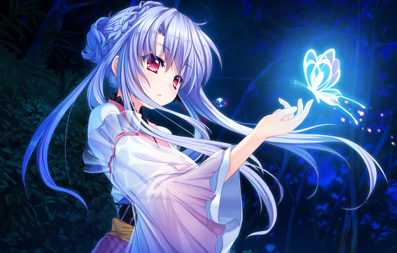Wallpaper Girl Night Butterfly Foliage The Game Art