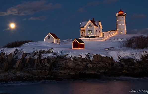 Night Lighthouse House Light Lights Moon Sea Cliff Wallpaper