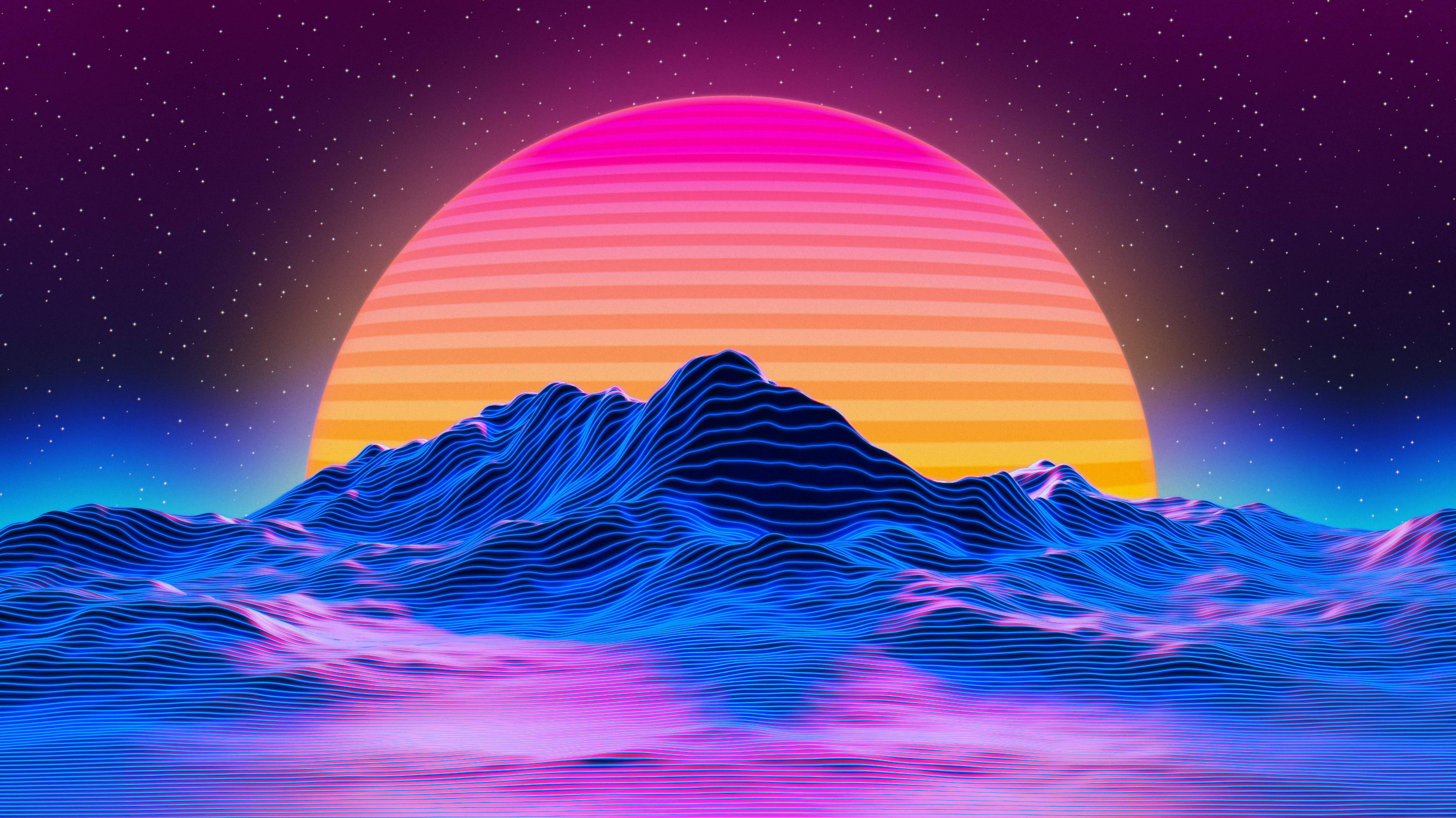 Retro Futuristic Sun Mountain Landscape 4k Wallpaper