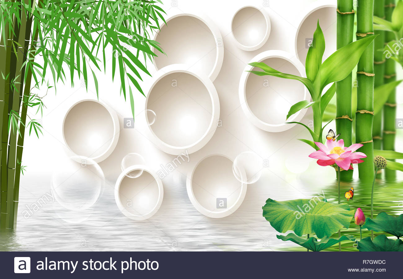 Green Bamboo And Flower Over A Lake With Decorative Background 3d