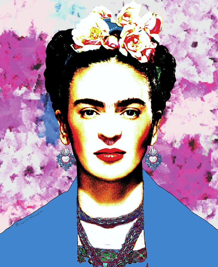Frida Kahlo With Blue Rebozo On Brush Strokes Background Digital