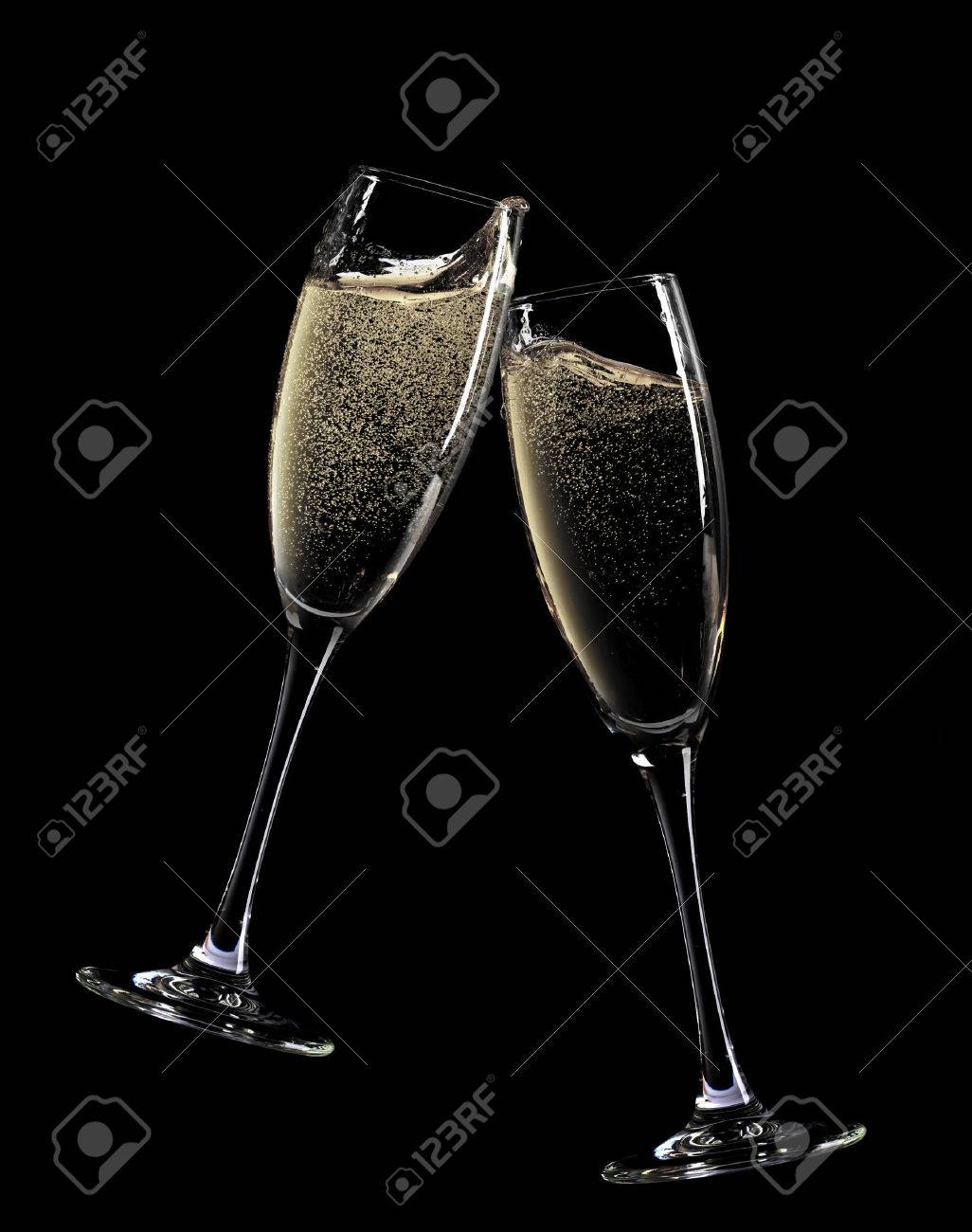 Cheers Two Champagne Glasses Isolated On Black Background Stock