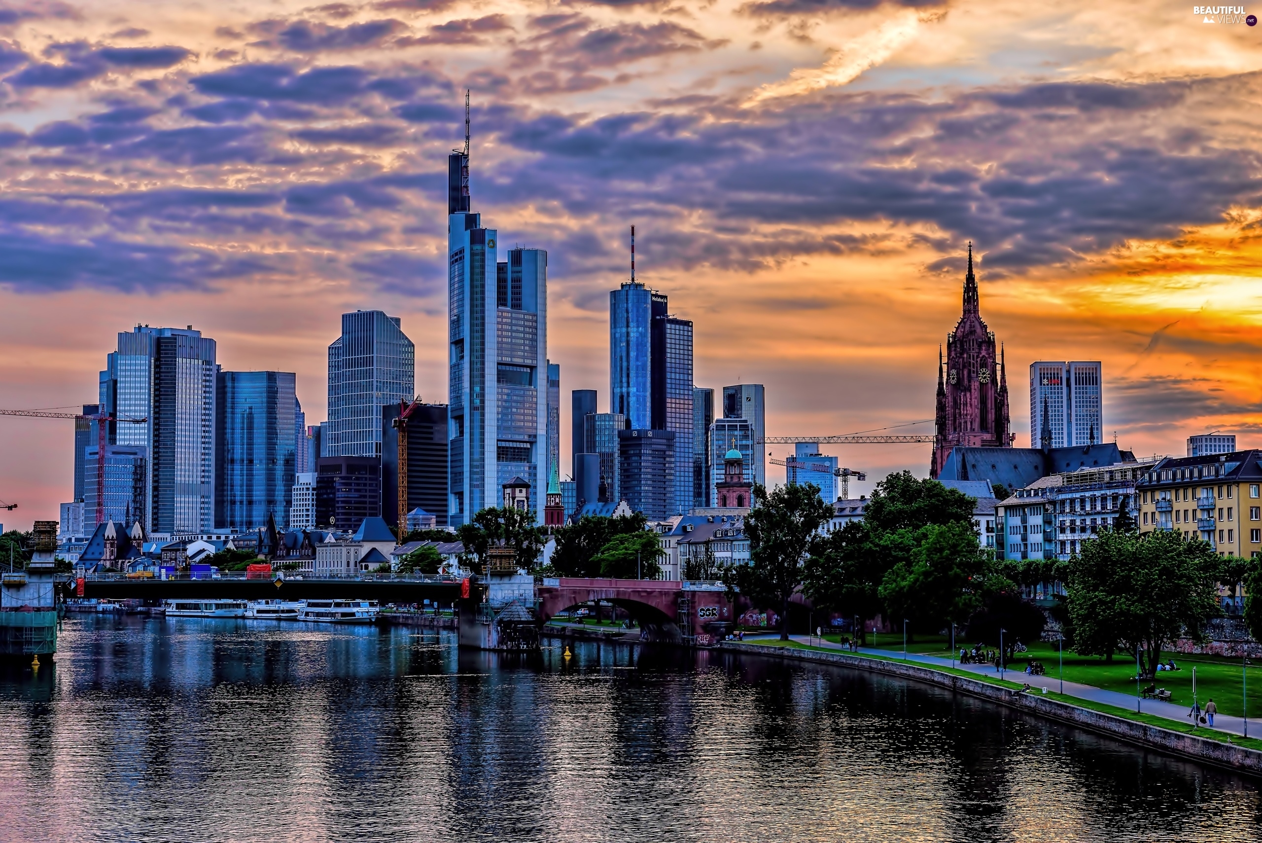 Germany River Town Great Sunsets Frankfurt Skyscraper