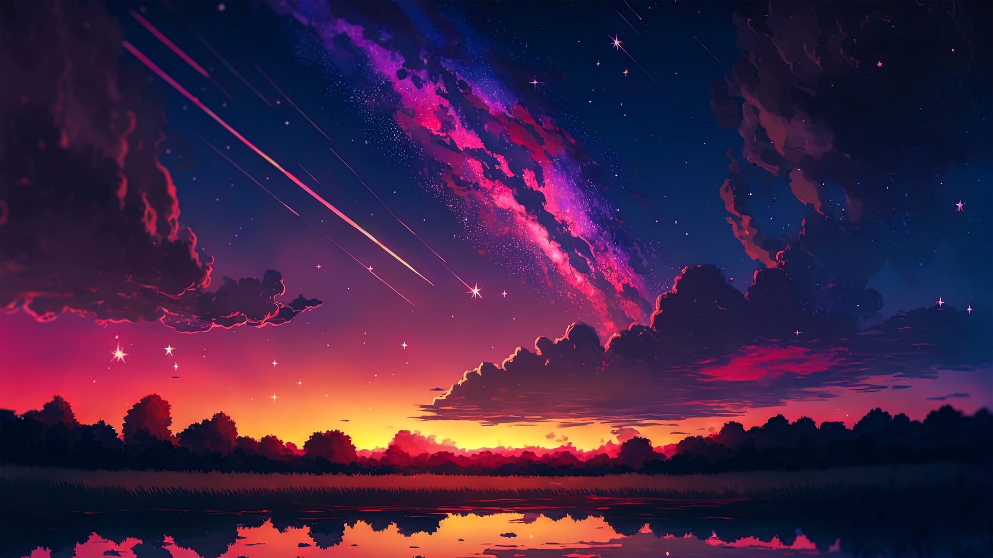 4k background image of a vibrant sunset with shooting stars and a reflecting lake