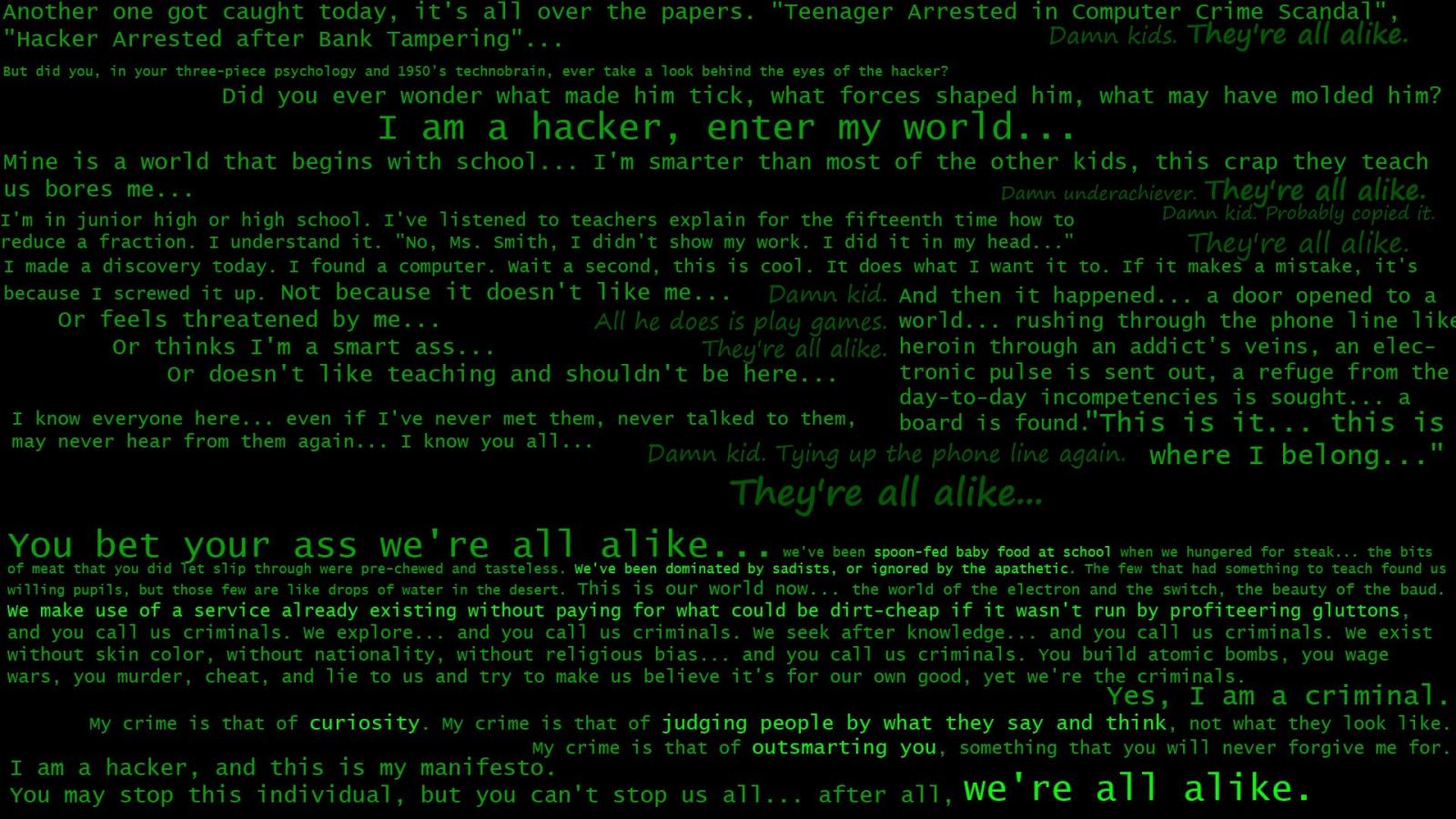 Black Background Green Text Hackers Inspirational Manifesto Wallpaper