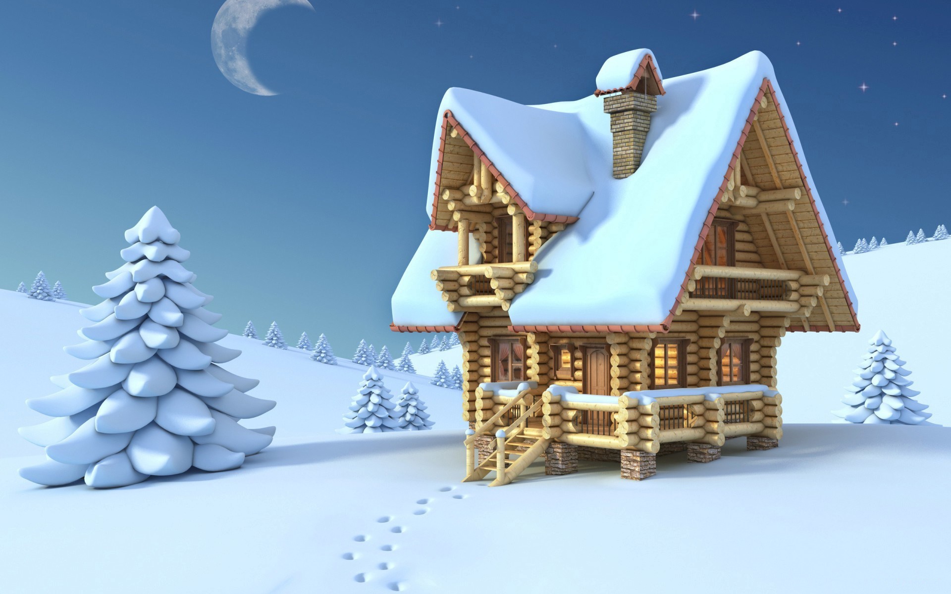 Beautiful Snowy House In Christmas Night Wallpaper HD