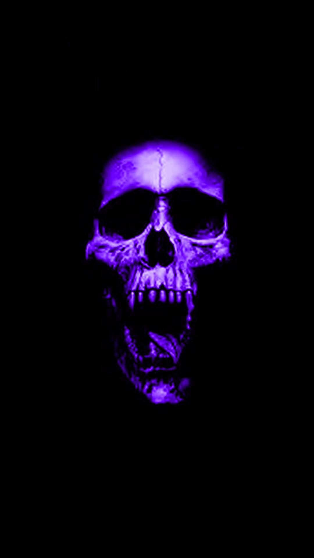 A vibrant purple illuminated skull against a black background. The skull's features are highlighted with an eerie glow, giving it a menacing aura