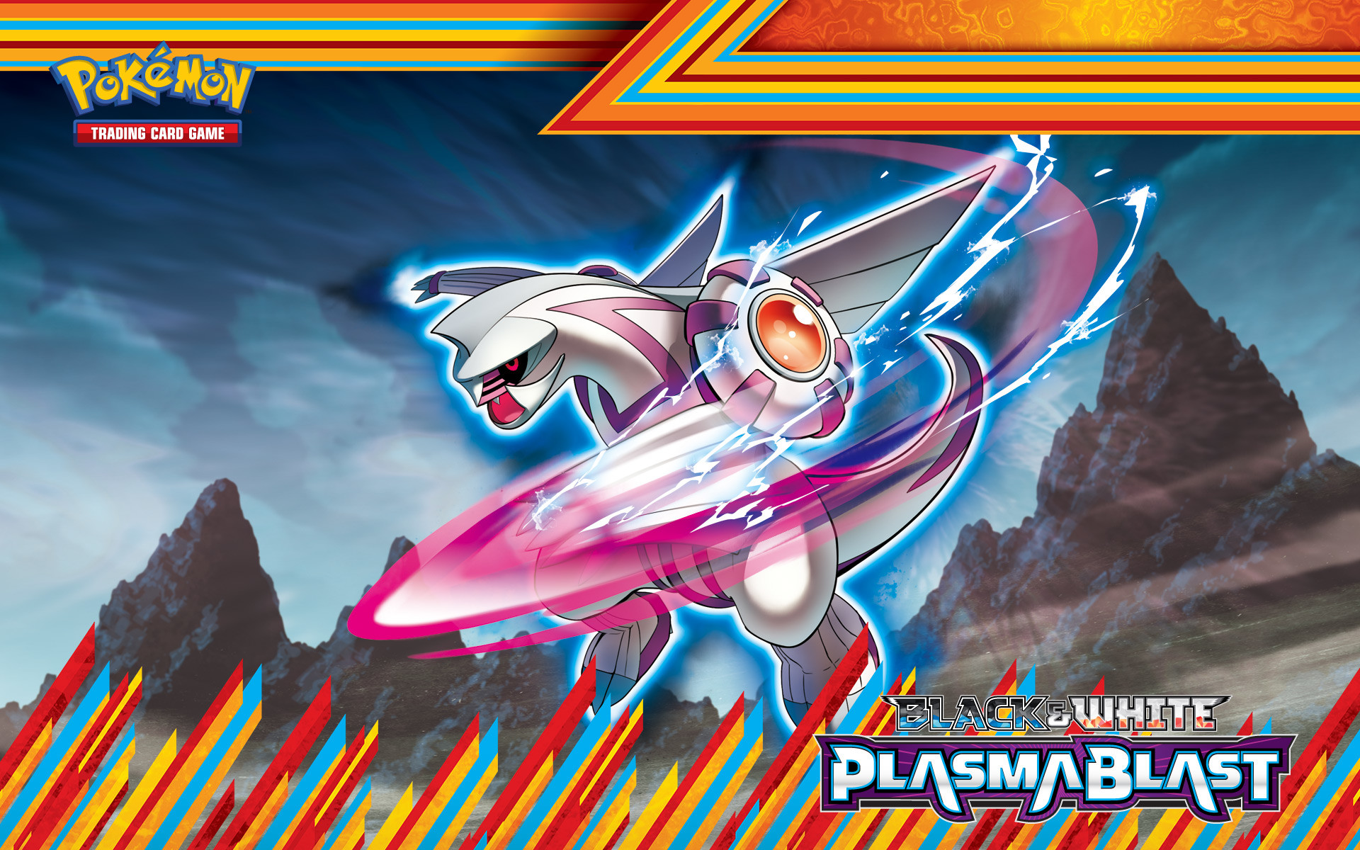 Pokemon Black and White Plasma Blast promotional image featuring a white and purple Pokémon with wings and an energy orb