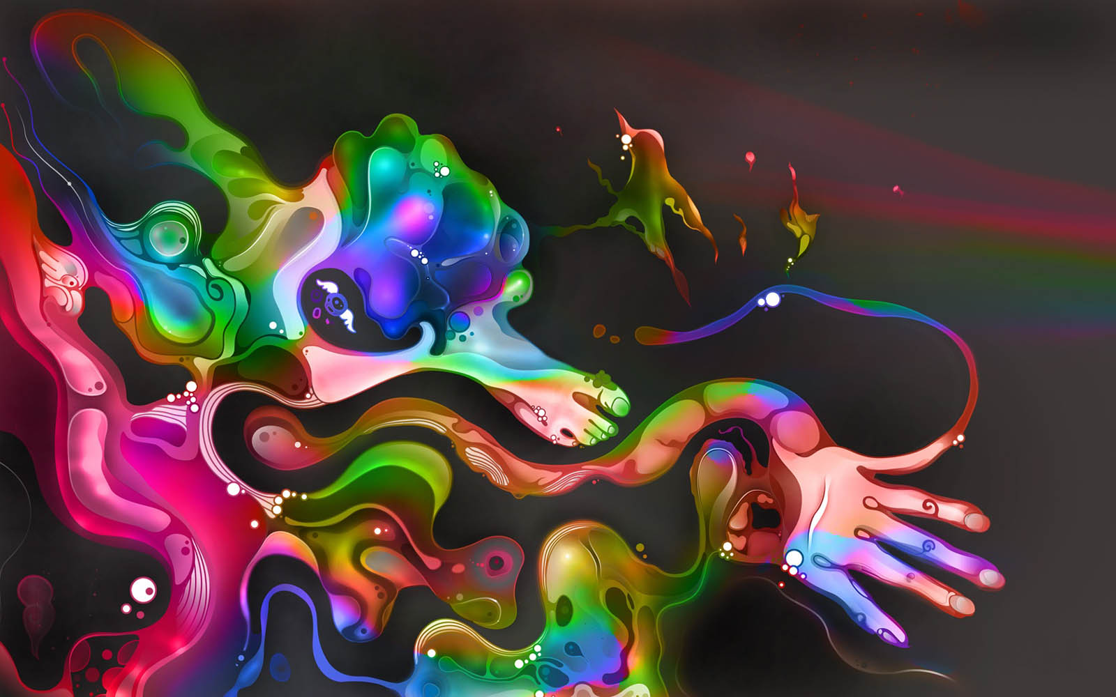 A vibrant and surreal abstract art piece featuring flowing, morphing shapes in a rainbow of colors against a dark background.  Organic forms and implied movement create a dreamlike and otherworldly atmosphere