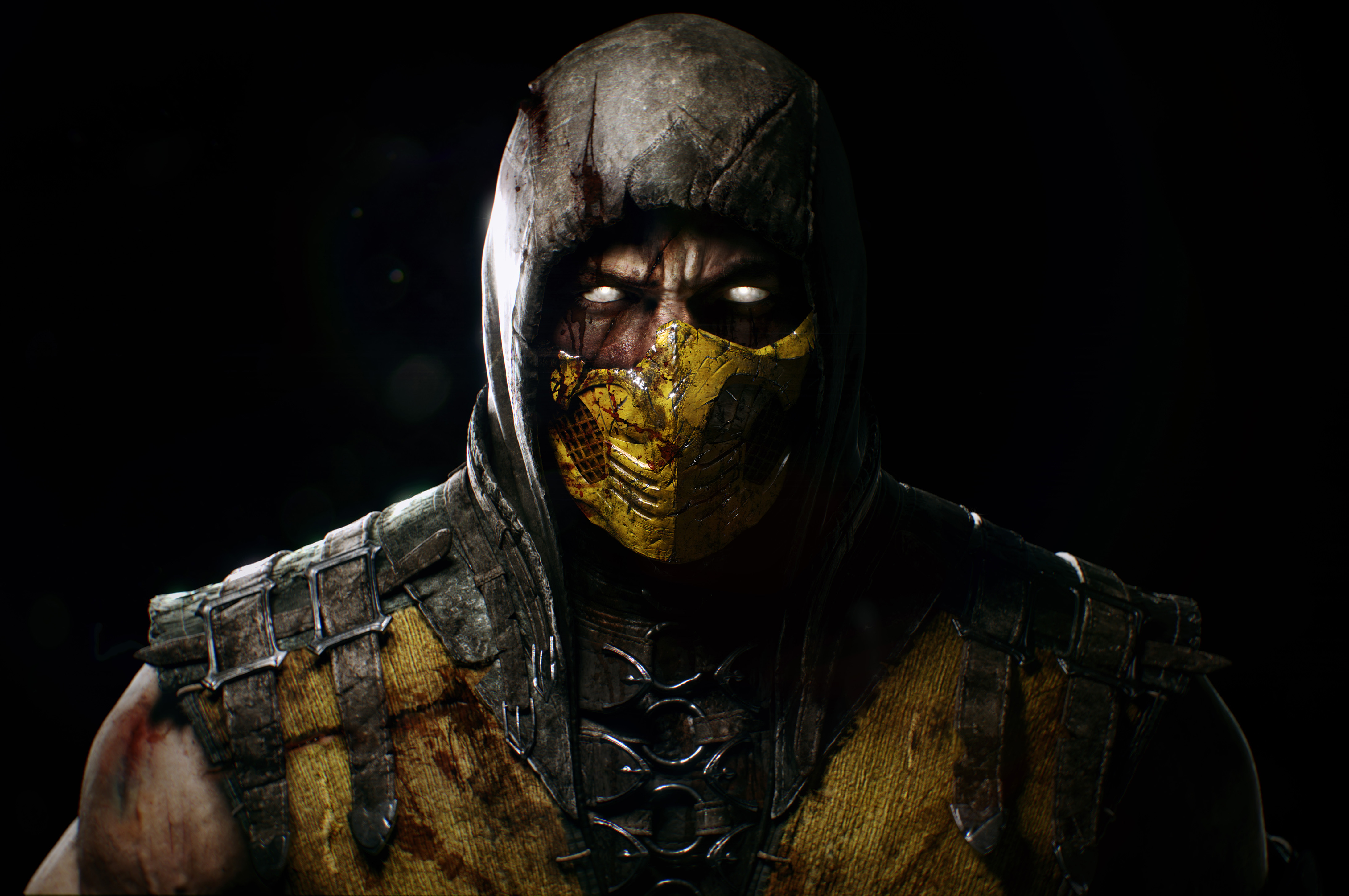 Close-up of Scorpion from Mortal Kombat, wearing his iconic yellow mask and dark hood, against a black background