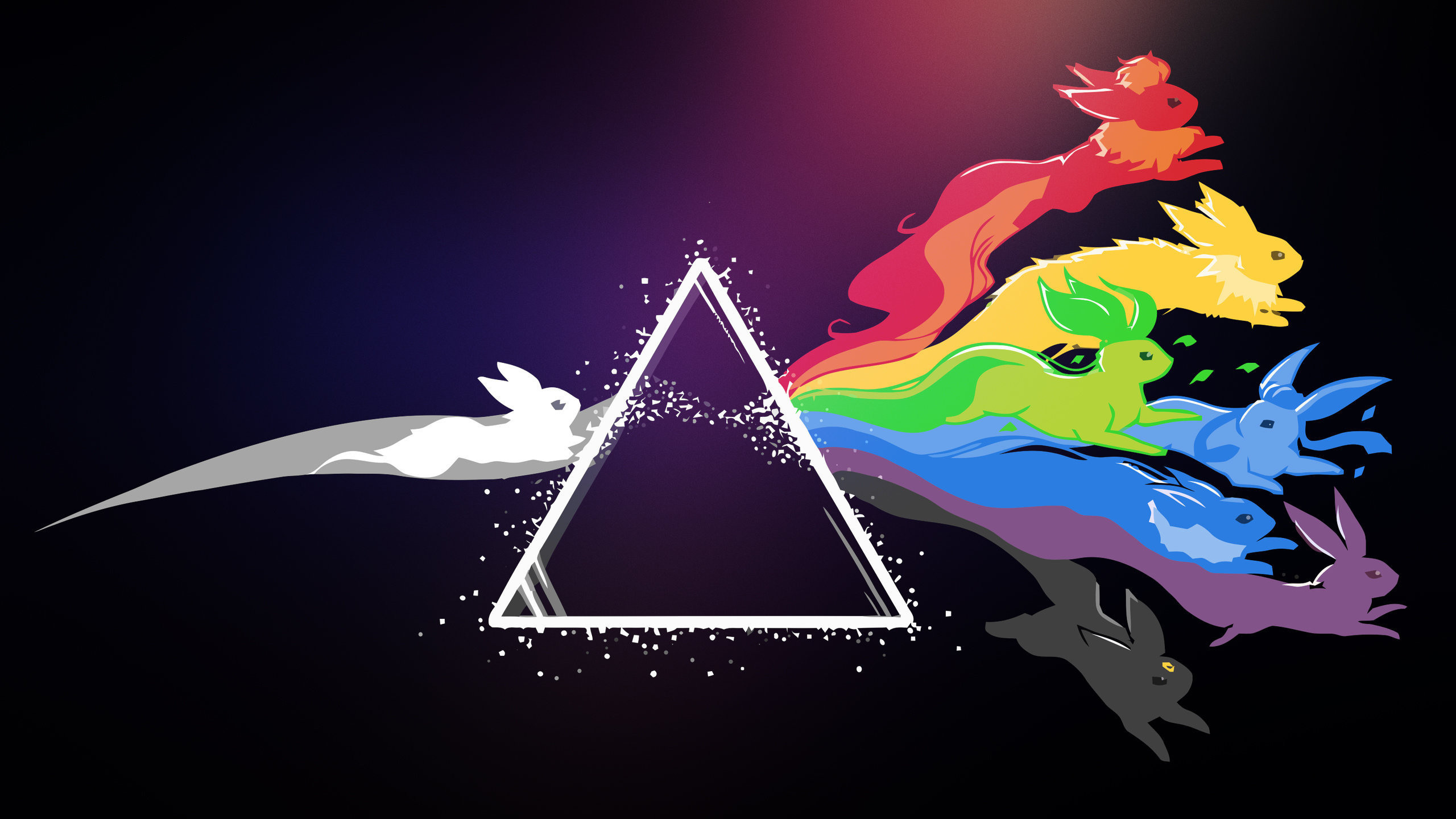 A prism dispersing light into a rainbow of colors, with stylized Pokemon Buneary figures leaping from each color, set against a dark background. This evokes Pink Floyd's Dark Side of the Moon album cover