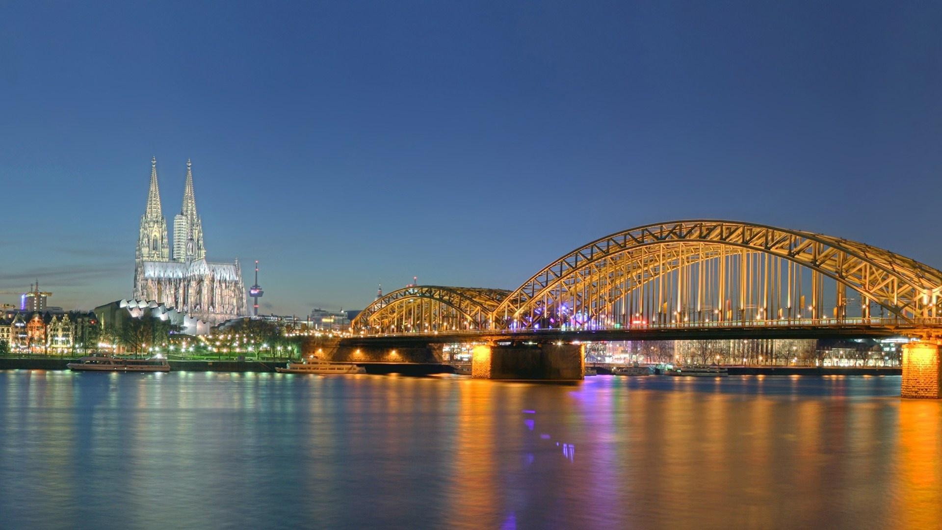 Cologne Germany City Night Lights Bridge Cathedral River