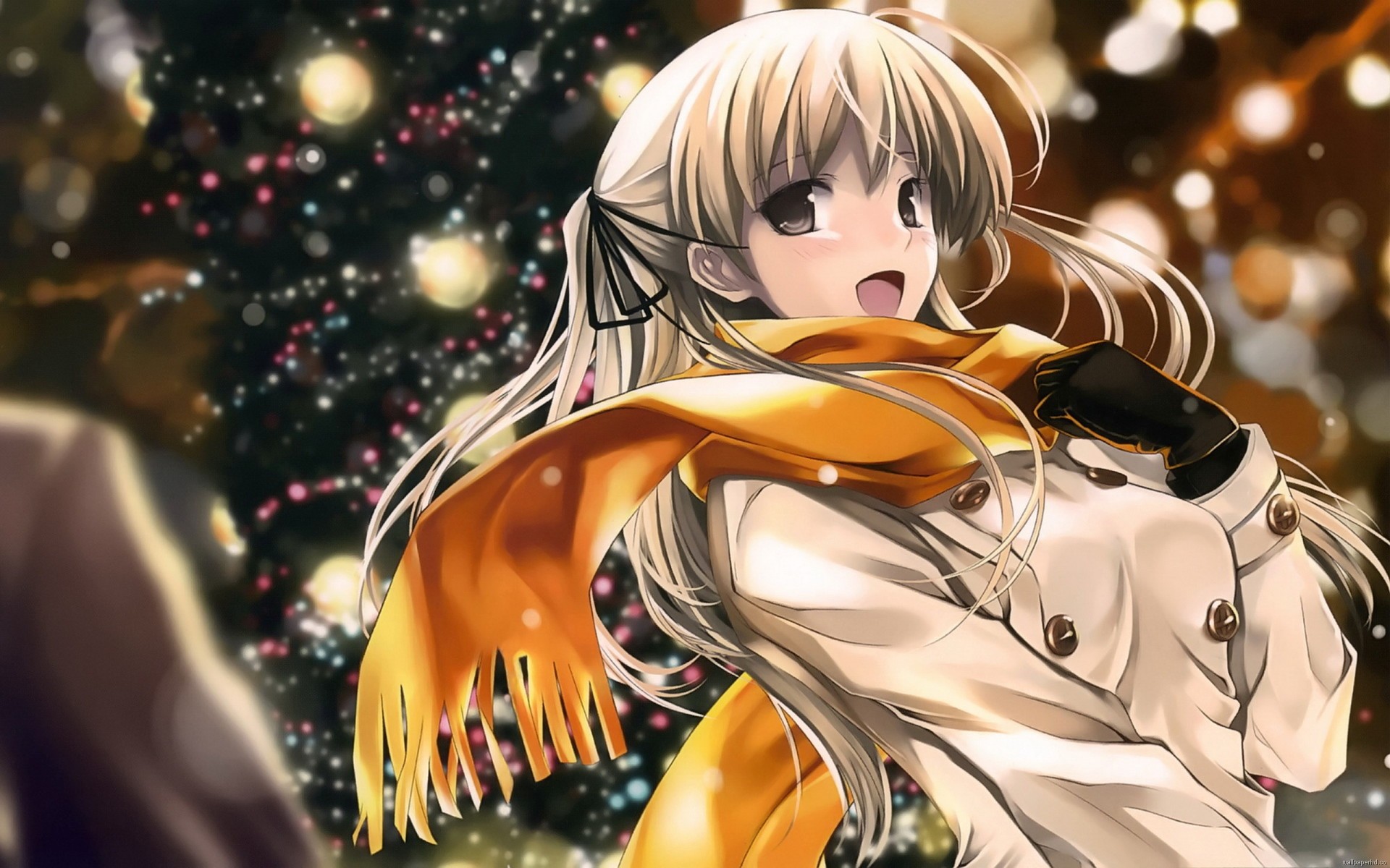 Cute anime girl enjoying a winter wonderland, with a festive Christmas tree in the background