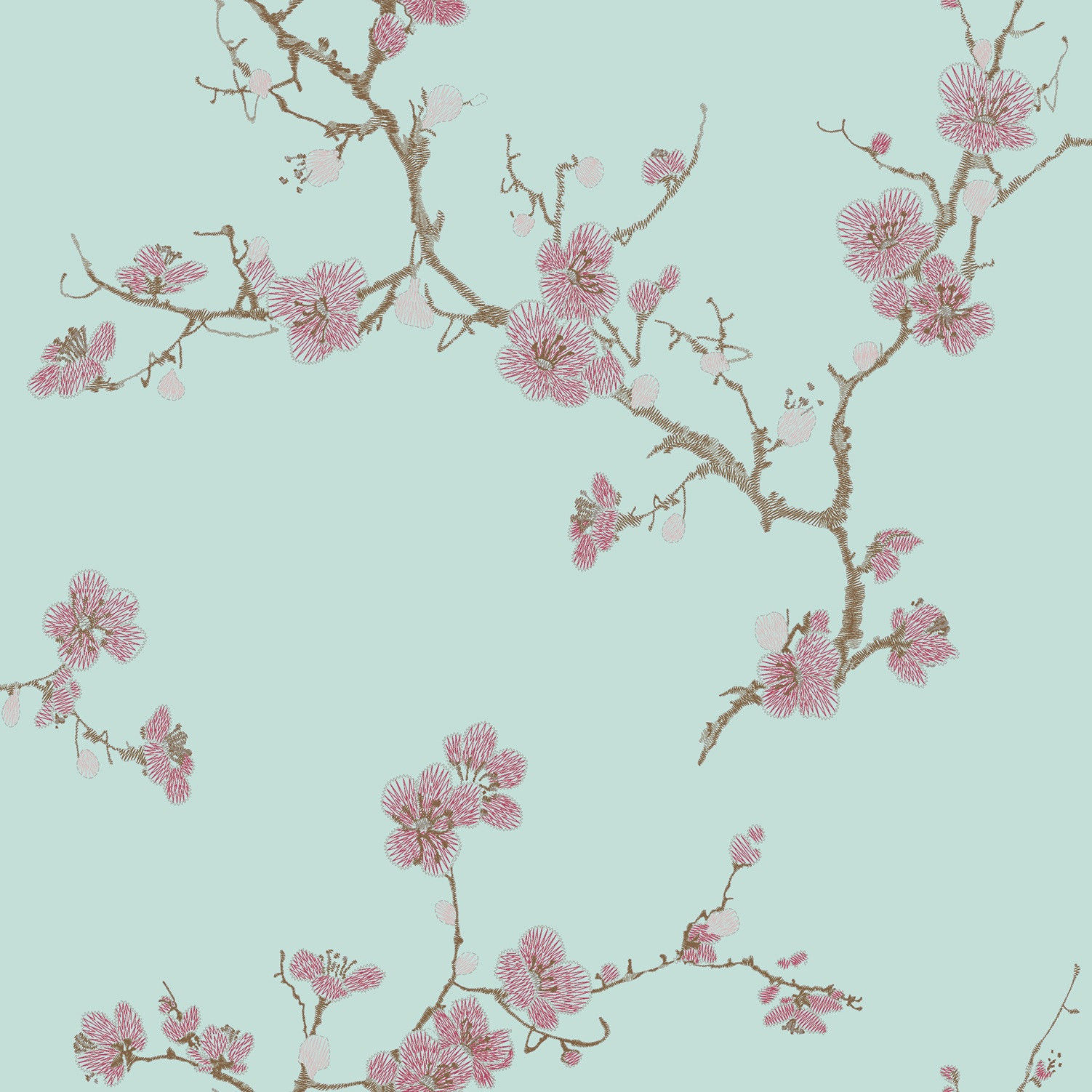 Flower Asian Style Textured Imitate Stitchwork Teal Wallpaper