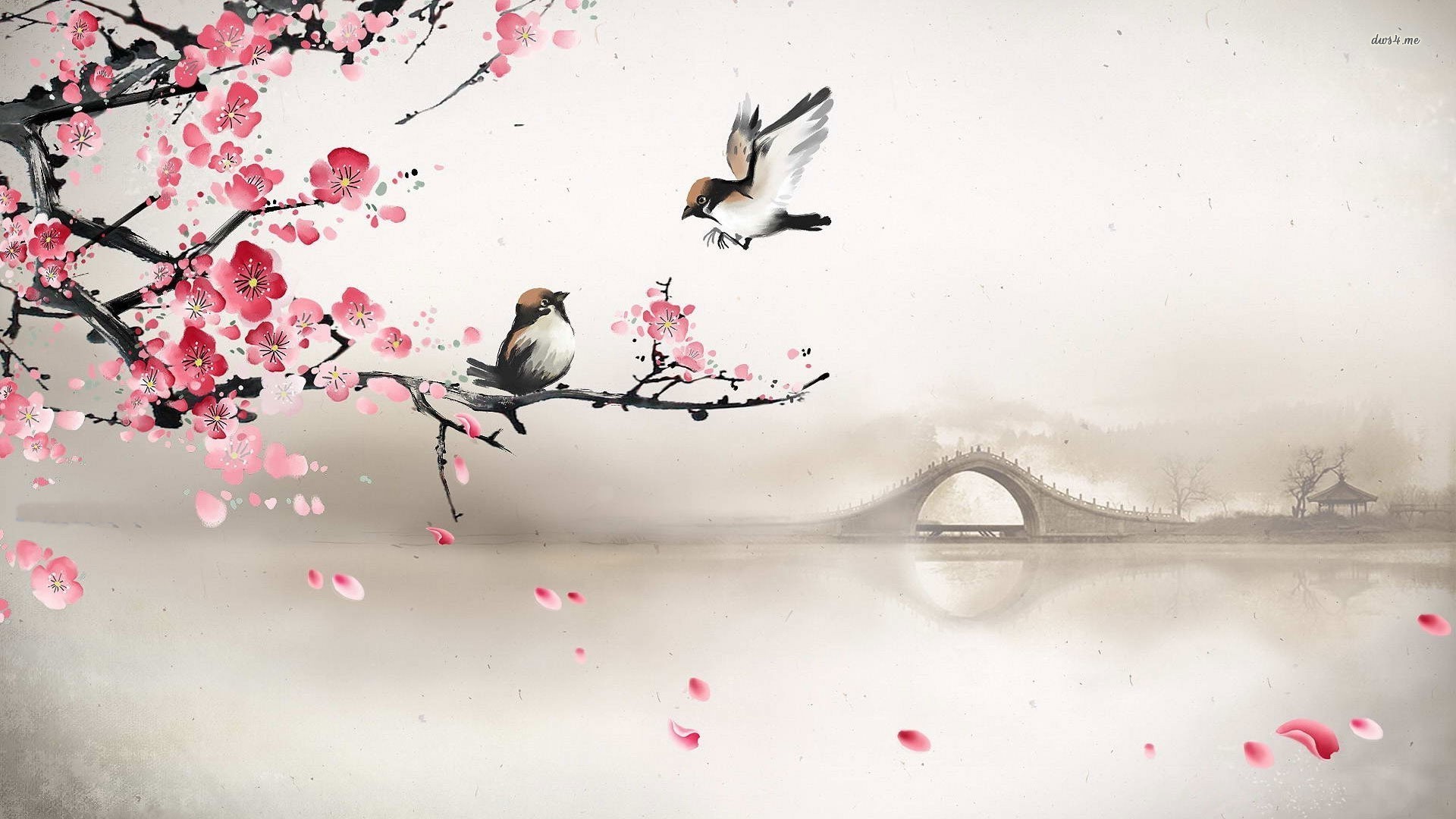 Cherry Tree Wallpaper Sparrows On The