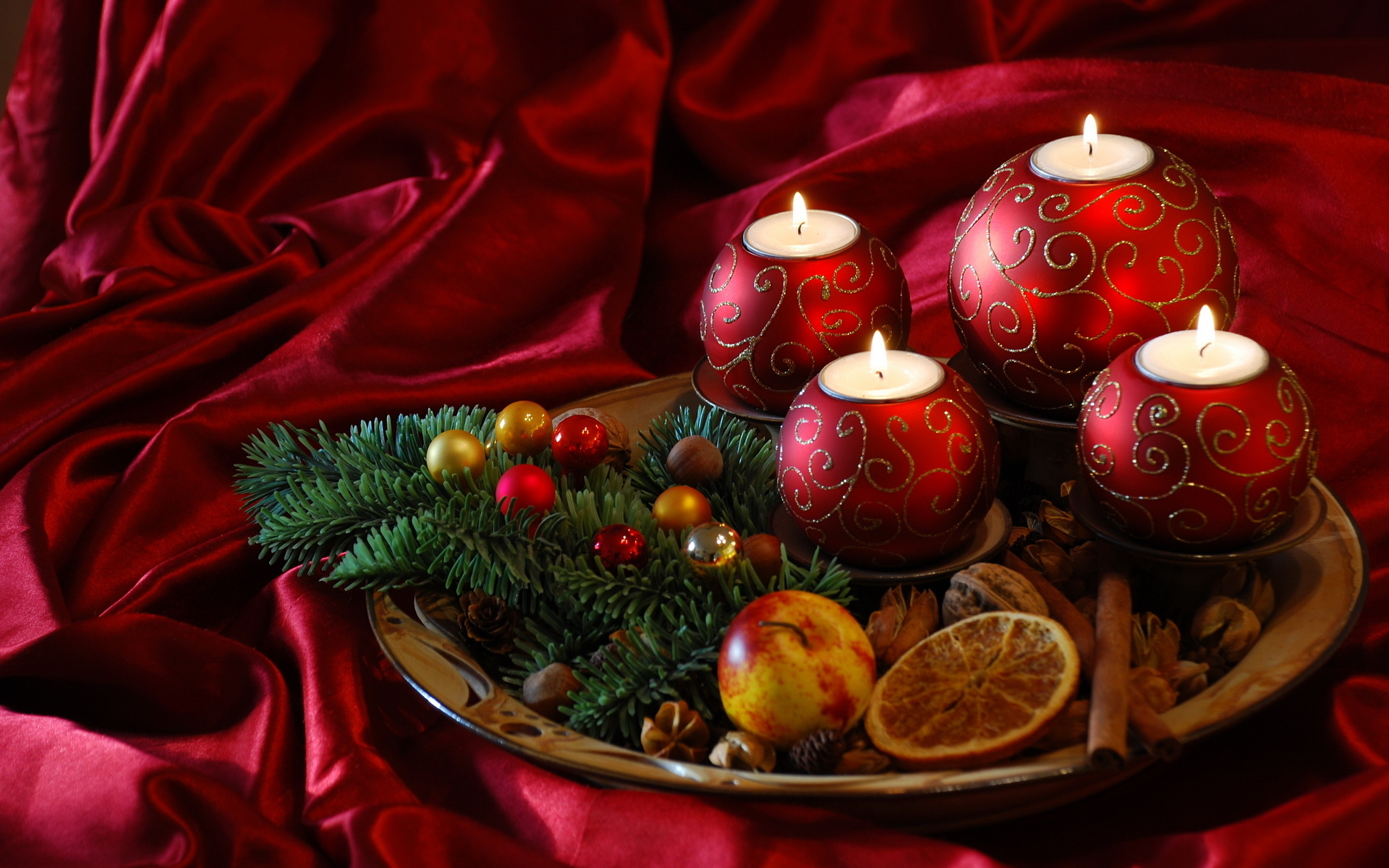 Christmas Wallpaper With Red Satin And Candles Gallery