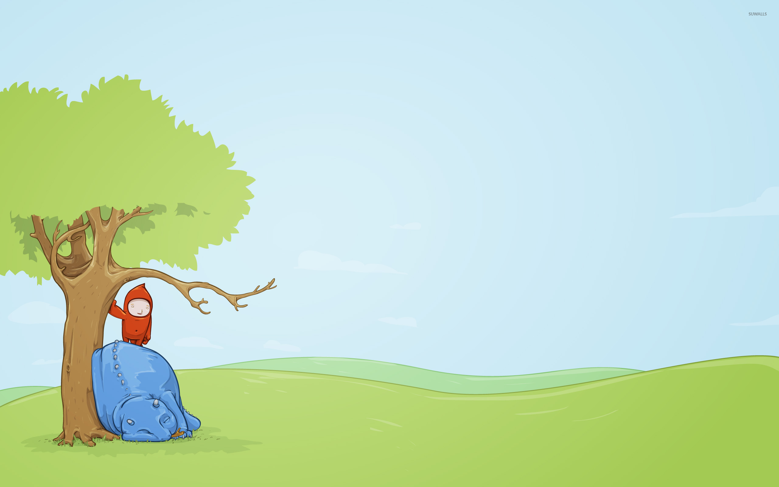 Little Boy With His Pet Under A Tree Wallpaper Vector