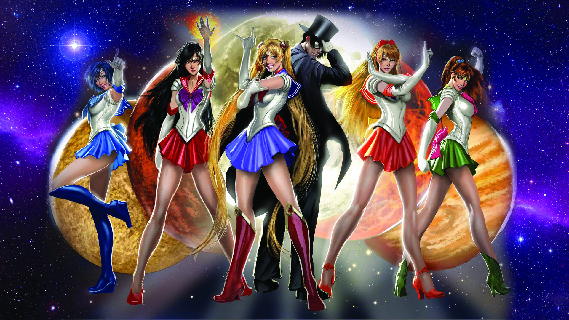 The Sailor Scouts and Tuxedo Mask standing in front of planets in space, from the popular anime series Sailor Moon