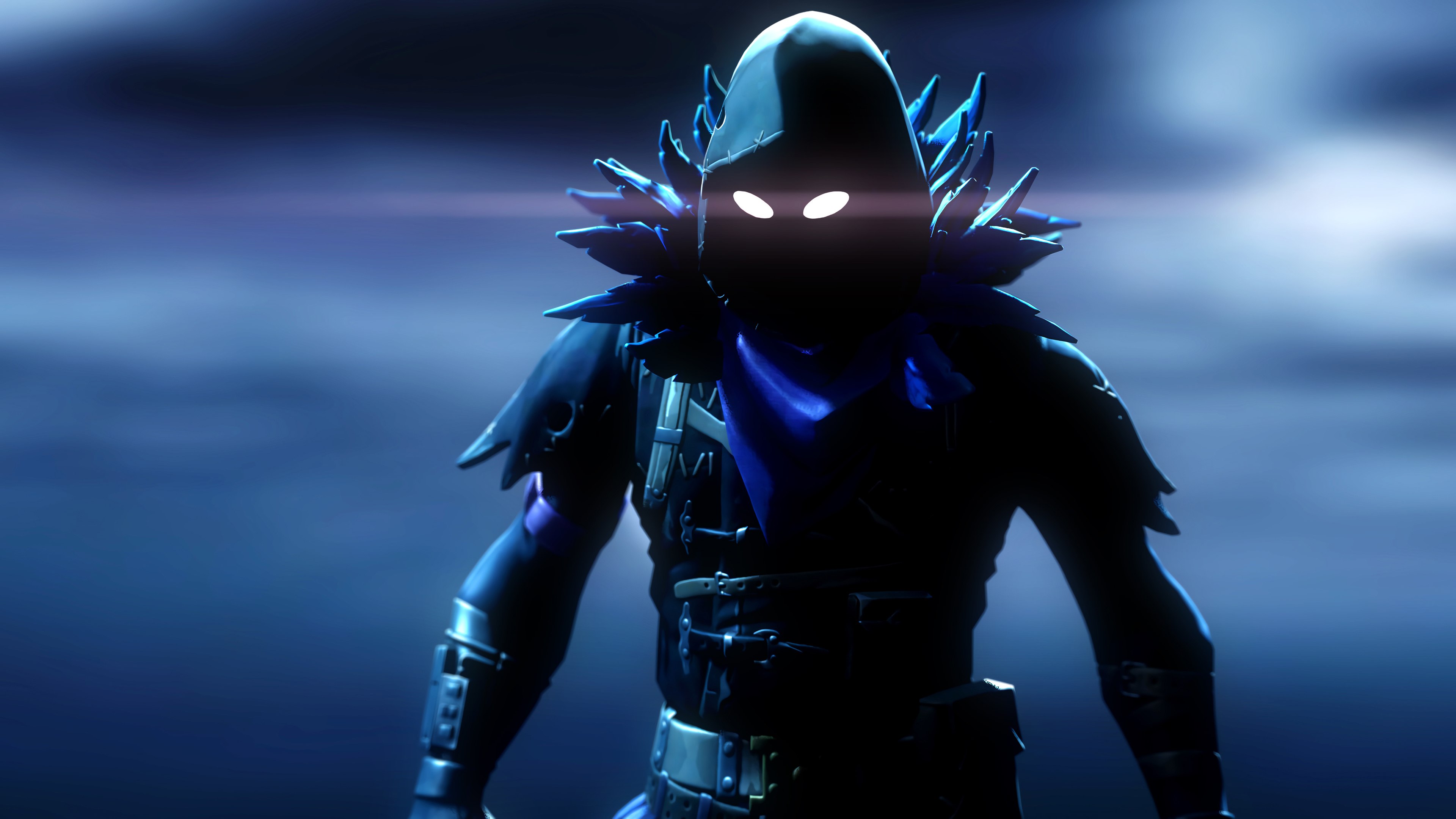 A dramatic, close-up render of Raven, a popular Fortnite skin, against a dark, atmospheric backdrop. The details of the Raven's feathered cloak and glowing eyes are highlighted