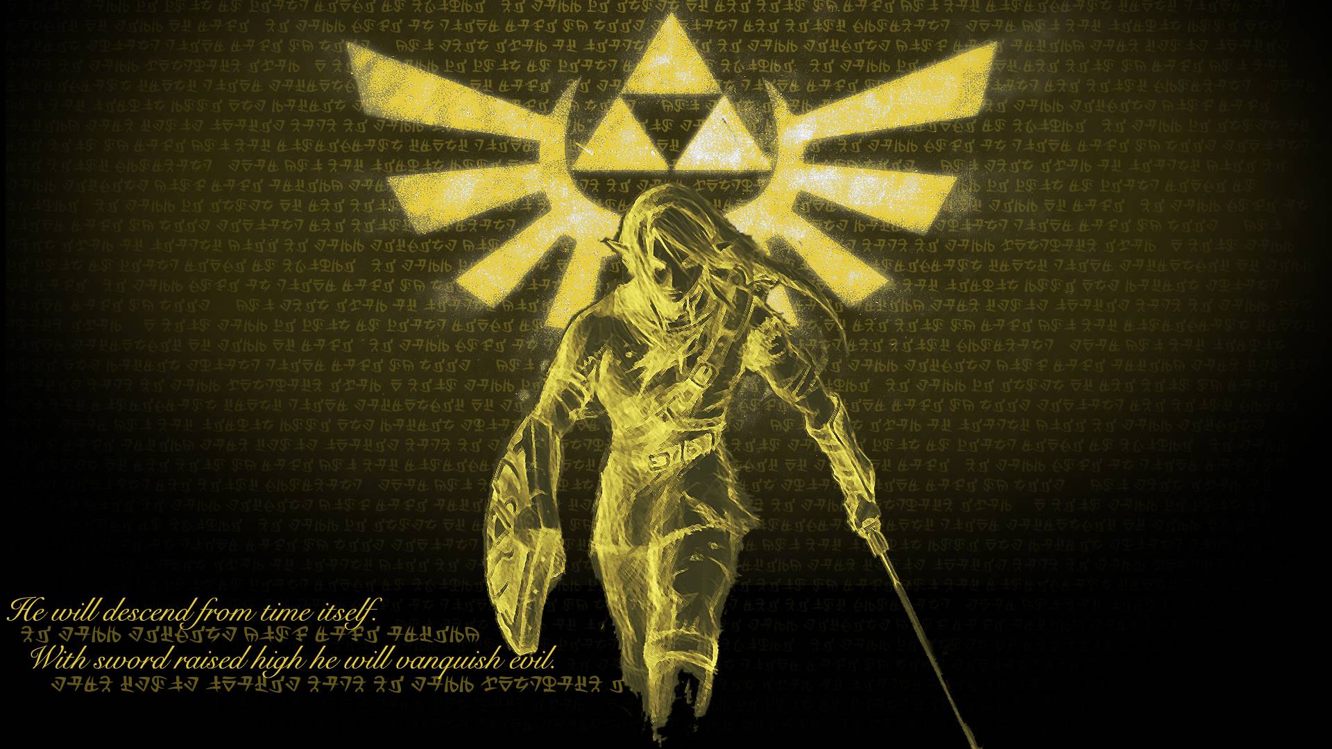 A stylized golden silhouette of Link, the protagonist of the Legend of Zelda series, stands against a backdrop of ancient Hyrulian text. He holds a sword and shield, ready to vanquish evil. The Triforce symbol floats above him