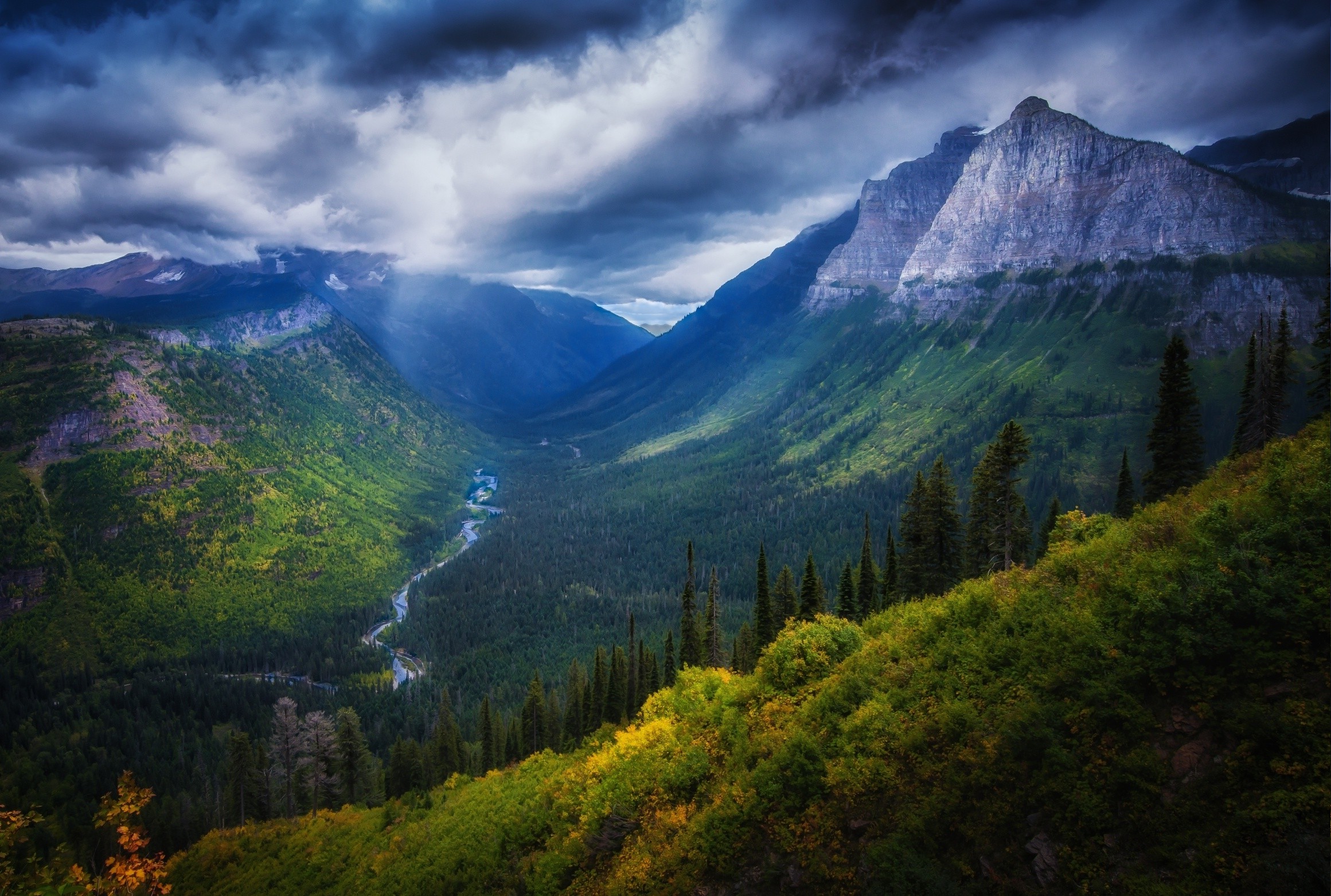 Valley Mountain Forest River Cliff Shrubs Clouds Summer Nature Wallpaper