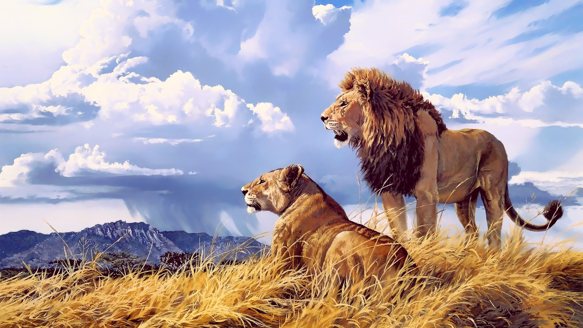 A majestic male and female lion stand watch over the savanna, with a dramatic sky and distant mountains in the background