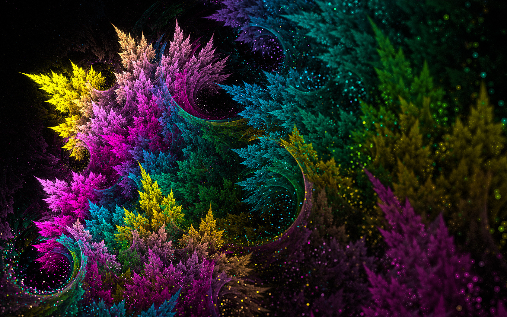 A vibrant abstract fractal design with swirling patterns of rainbow colors, resembling a fantastical forest or coral reef