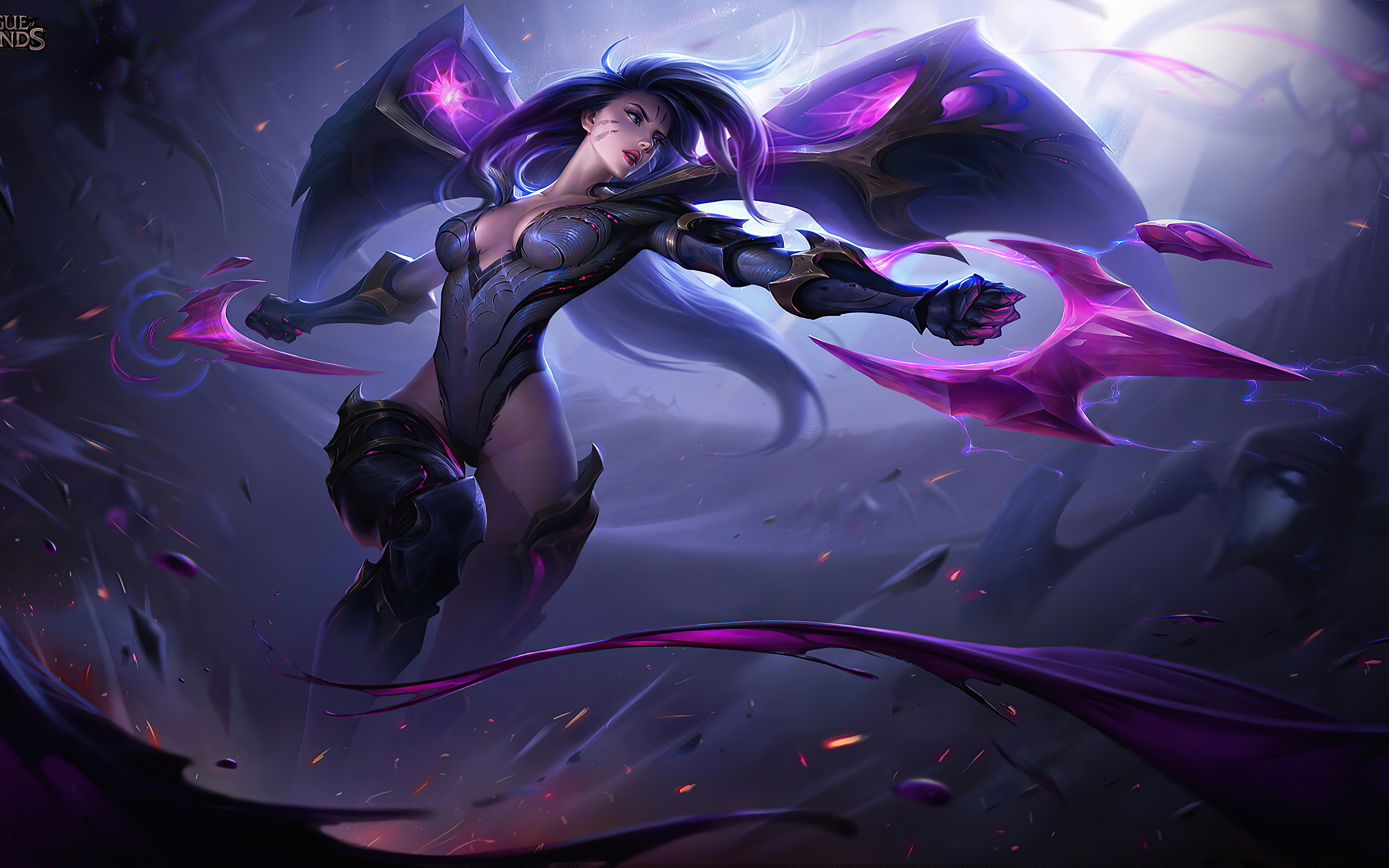 A female character from League of Legends with long purple hair and dark purple wings, wielding a glowing pink weapon