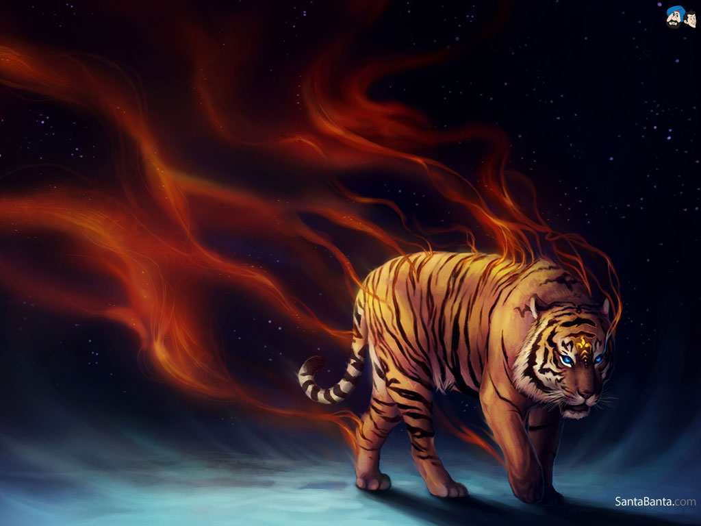 Abstract Digital Fire Tiger Wallpaper HD Background