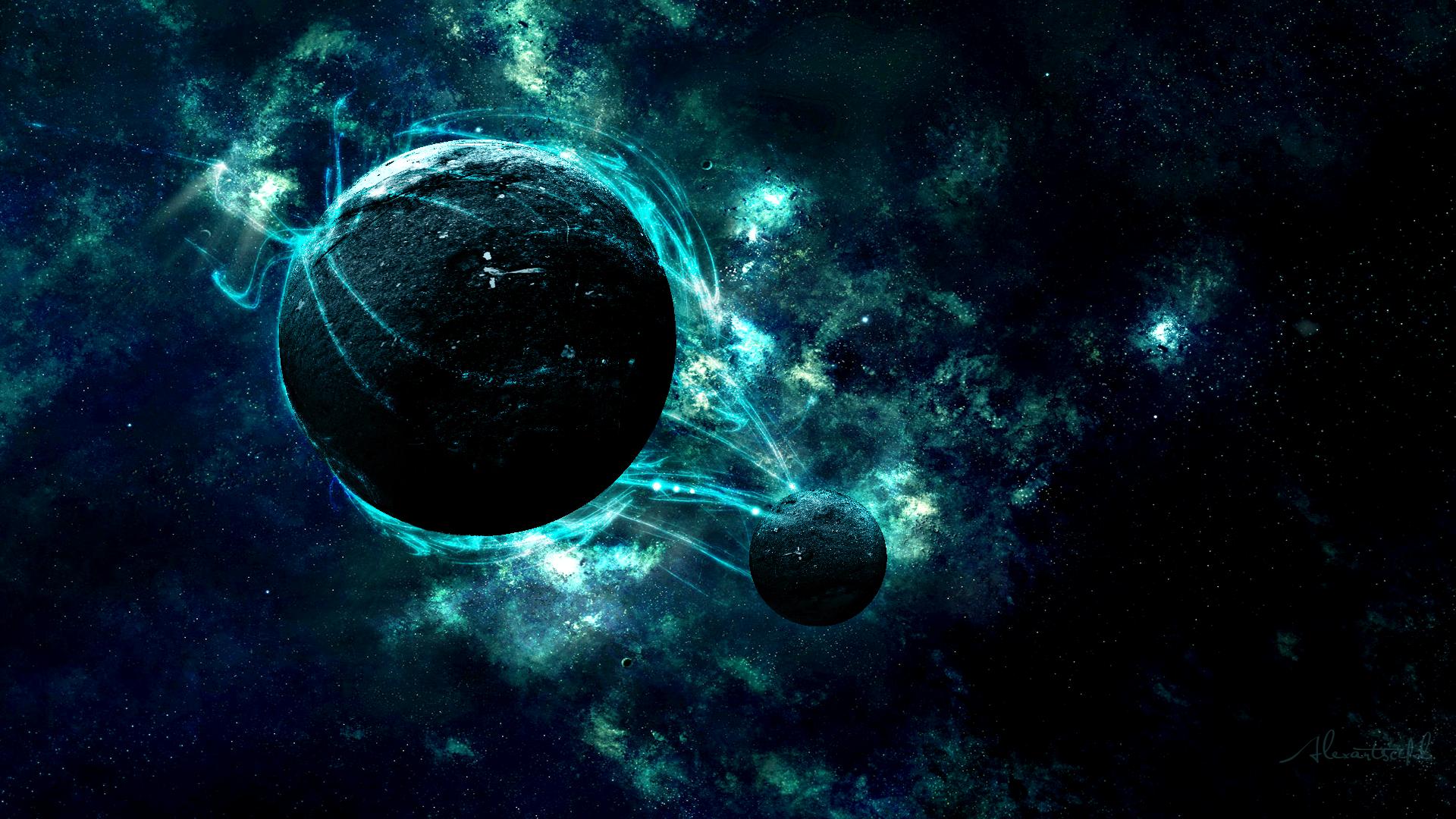 Two dark, textured planets interconnected by glowing teal energy streams against a backdrop of a dark teal nebula and scattered stars