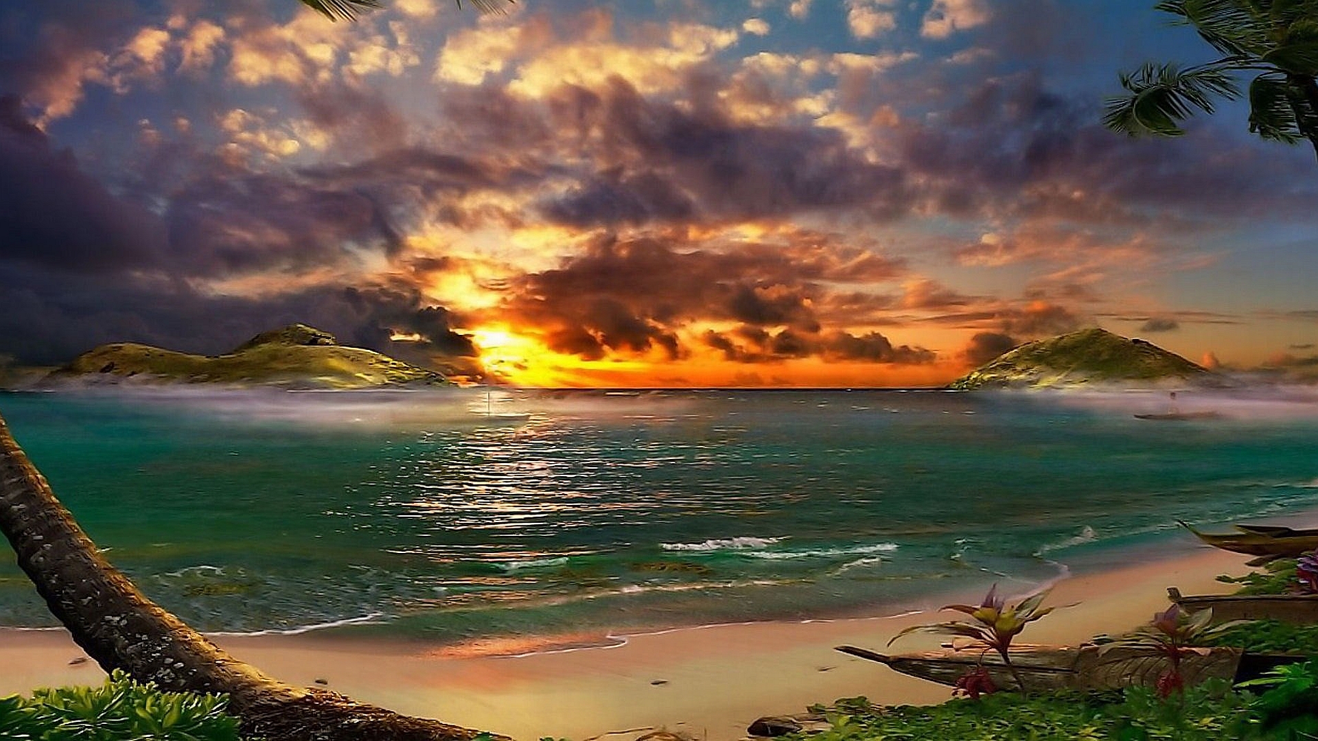 A breathtaking tropical beach scene at sunset with calm turquoise waters, palm trees, and distant islands