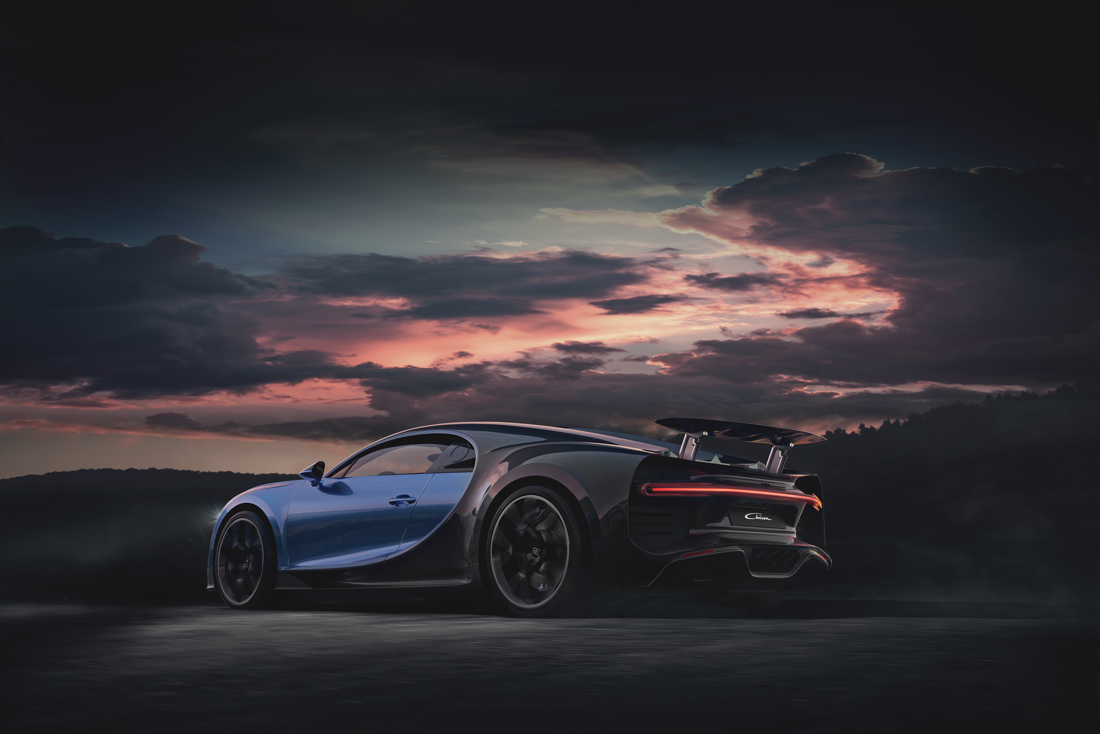 A sleek Bugatti Chiron Super Sport, a pinnacle of automotive engineering, is showcased against a dramatic backdrop of a twilight sky. Its blue and black exterior gleams, capturing the essence of speed and luxury
