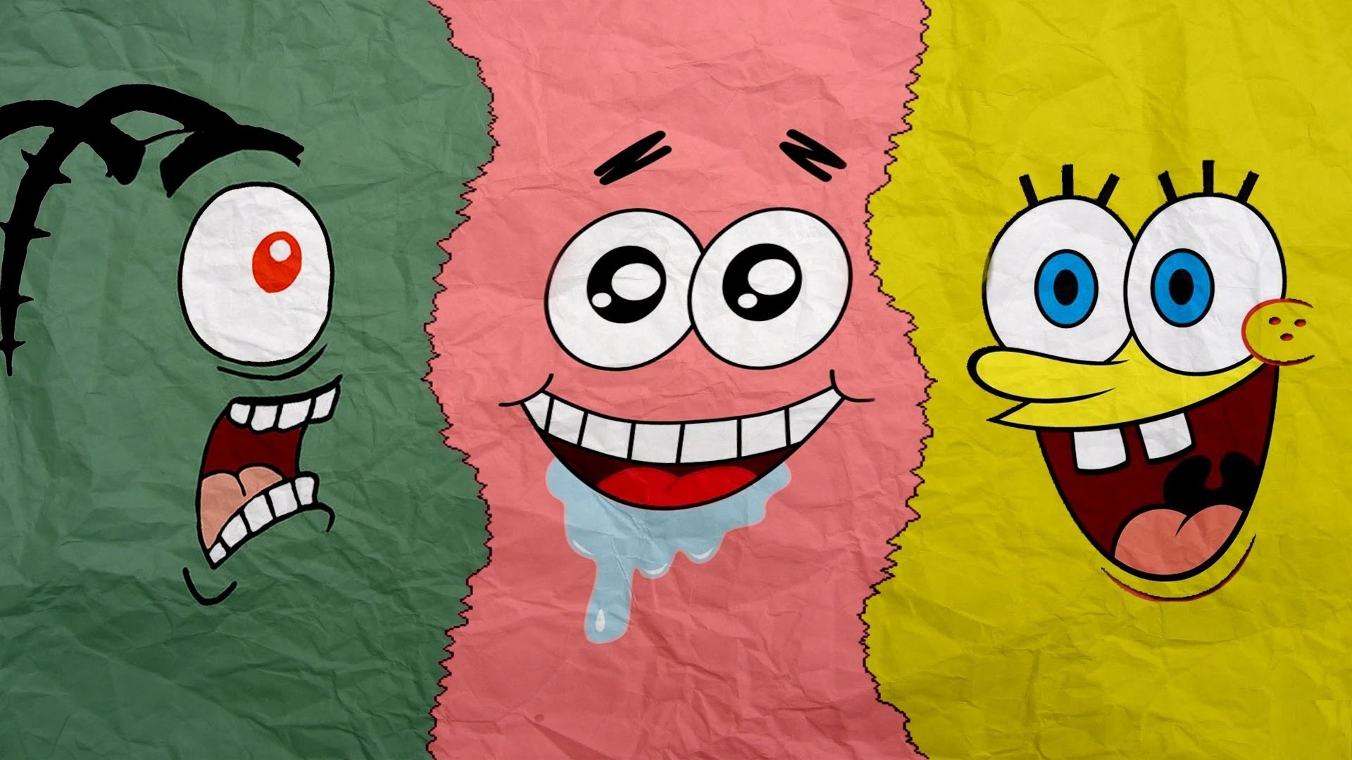 Close-up of Spongebob, Patrick, and Plankton's faces on a crumpled paper background
