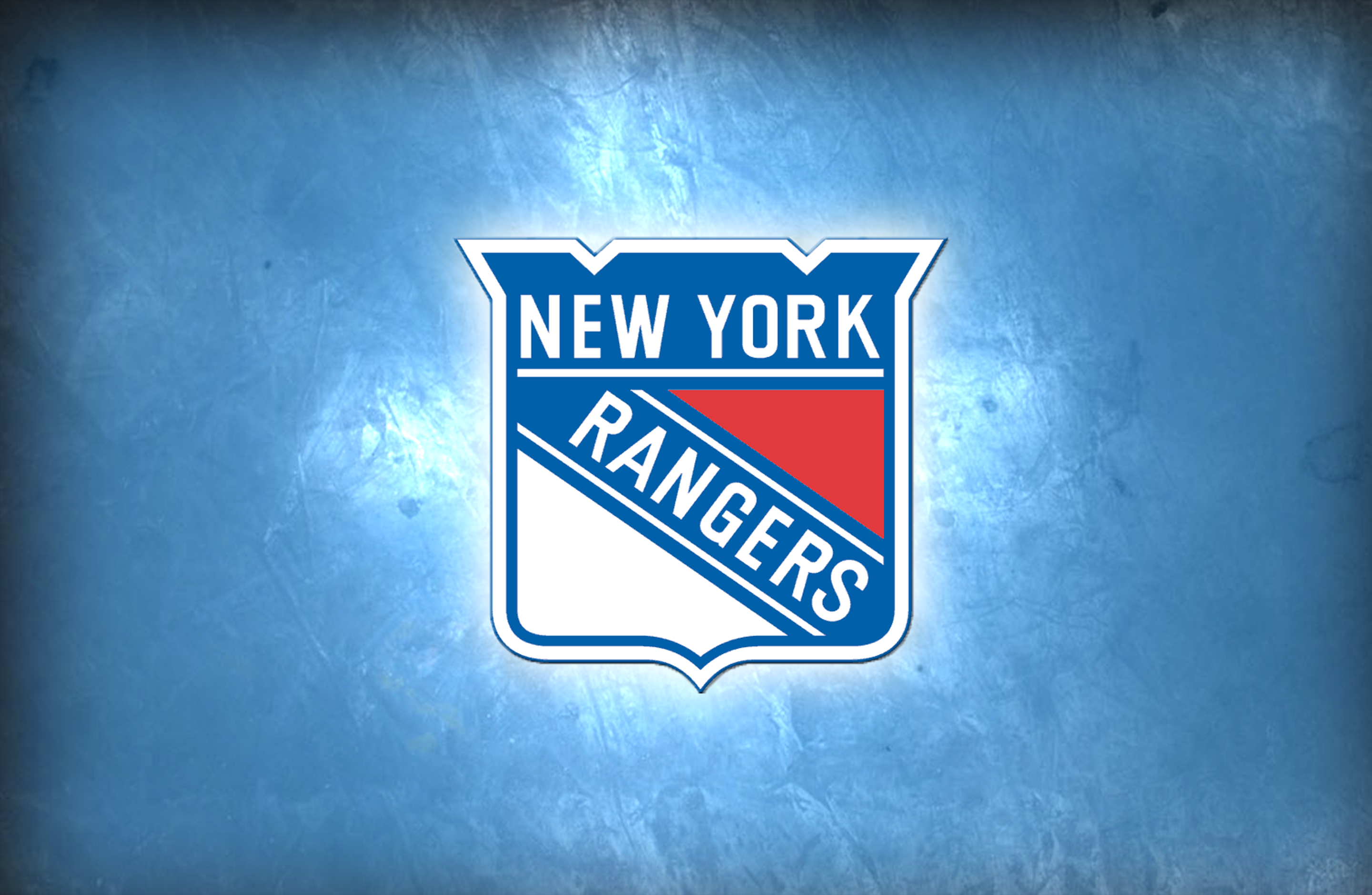 New York Rangers logo on a textured icy blue background
