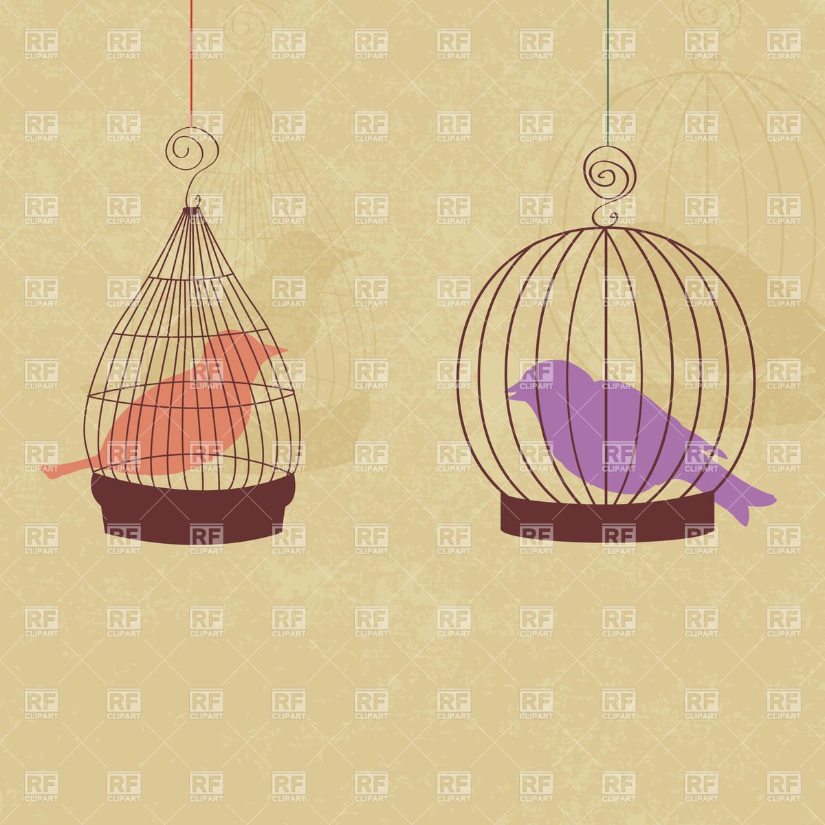 Vintage Birdcage Background Card With Two Cute