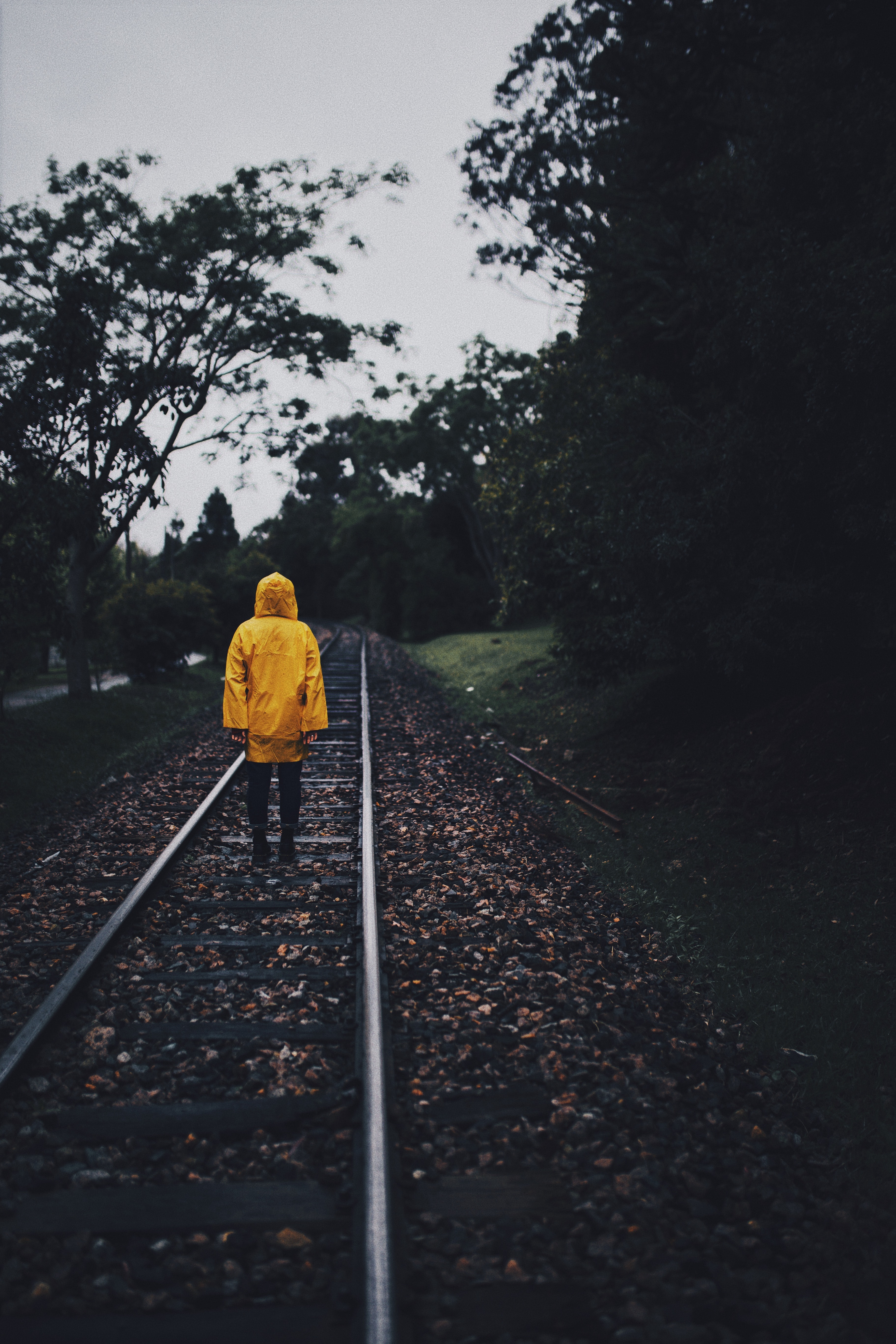 Wallpaper Raincoat Man Railway Lonely