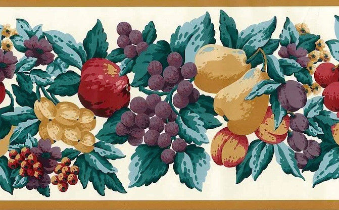 Ivy Fruit Wallpaper Border Pear Grapes Green Cream Red Waverly