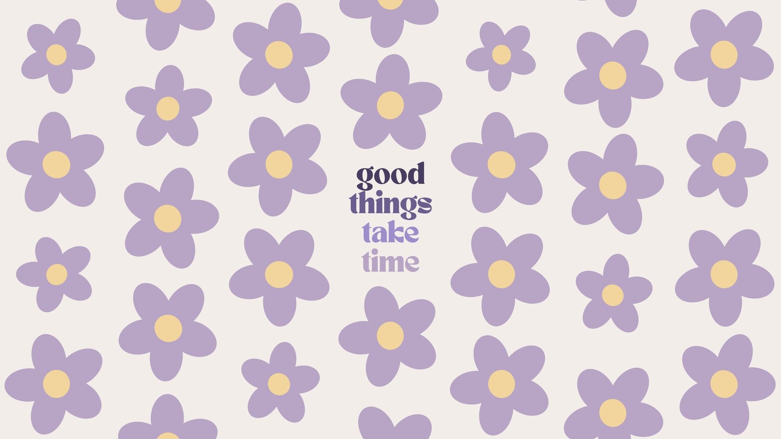 A calming wallpaper for computer featuring a pattern of simple purple flowers on a light background with the phrase 