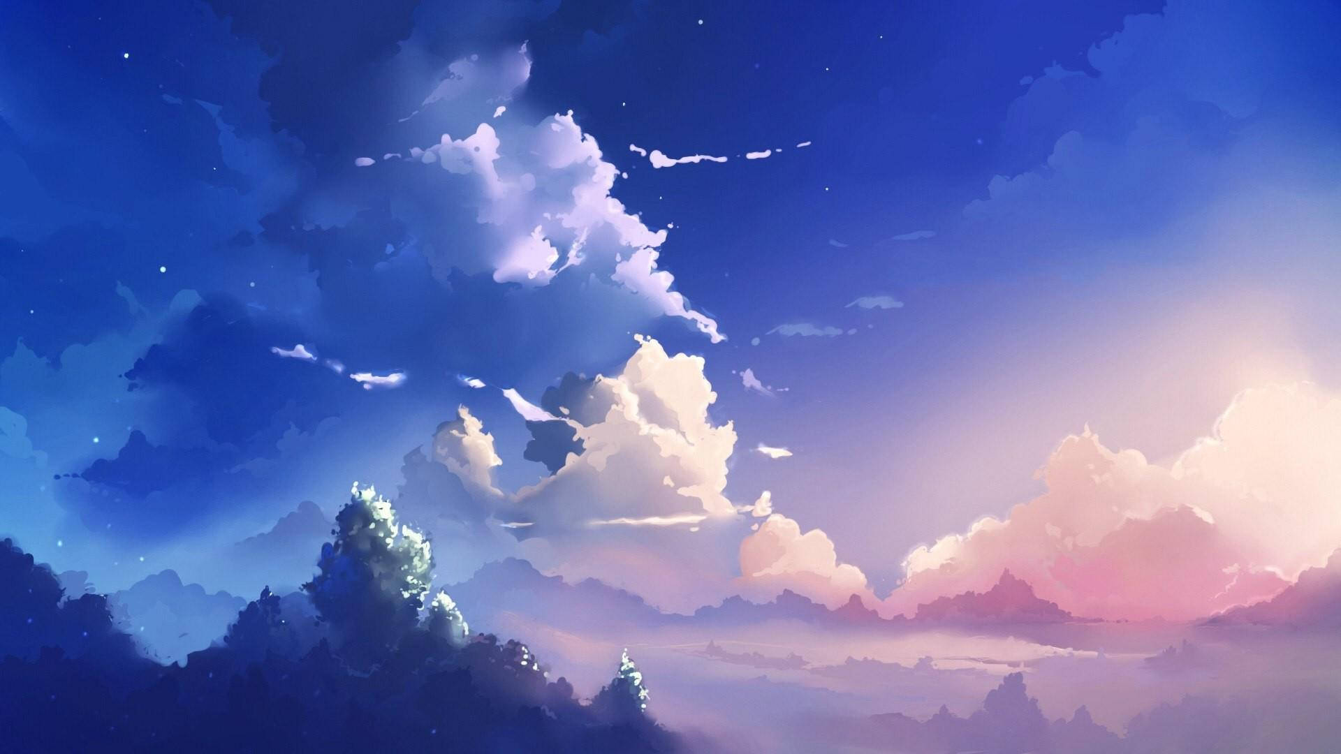 Experience The Serene Blue Anime Scenery Wallpaper
