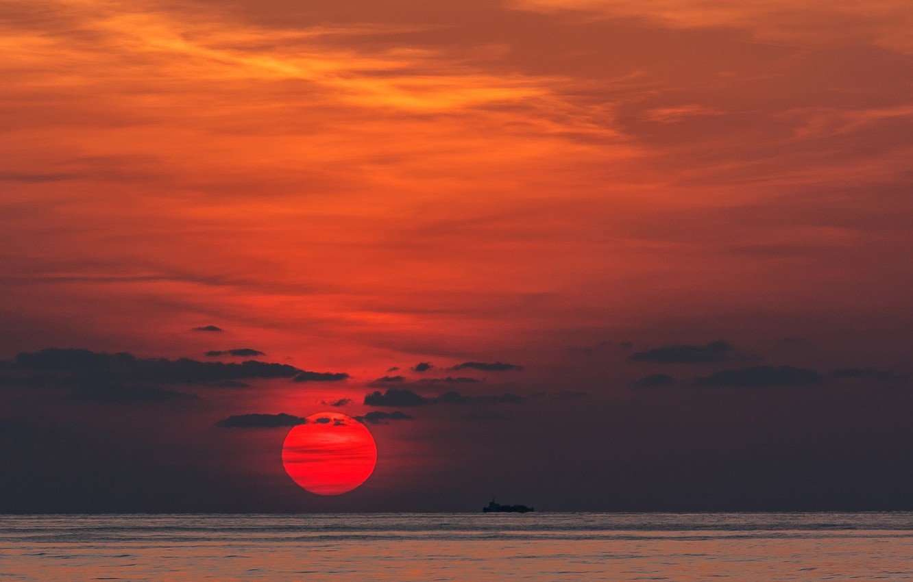 Wallpaper Sea Sunset Ship Red Sun The