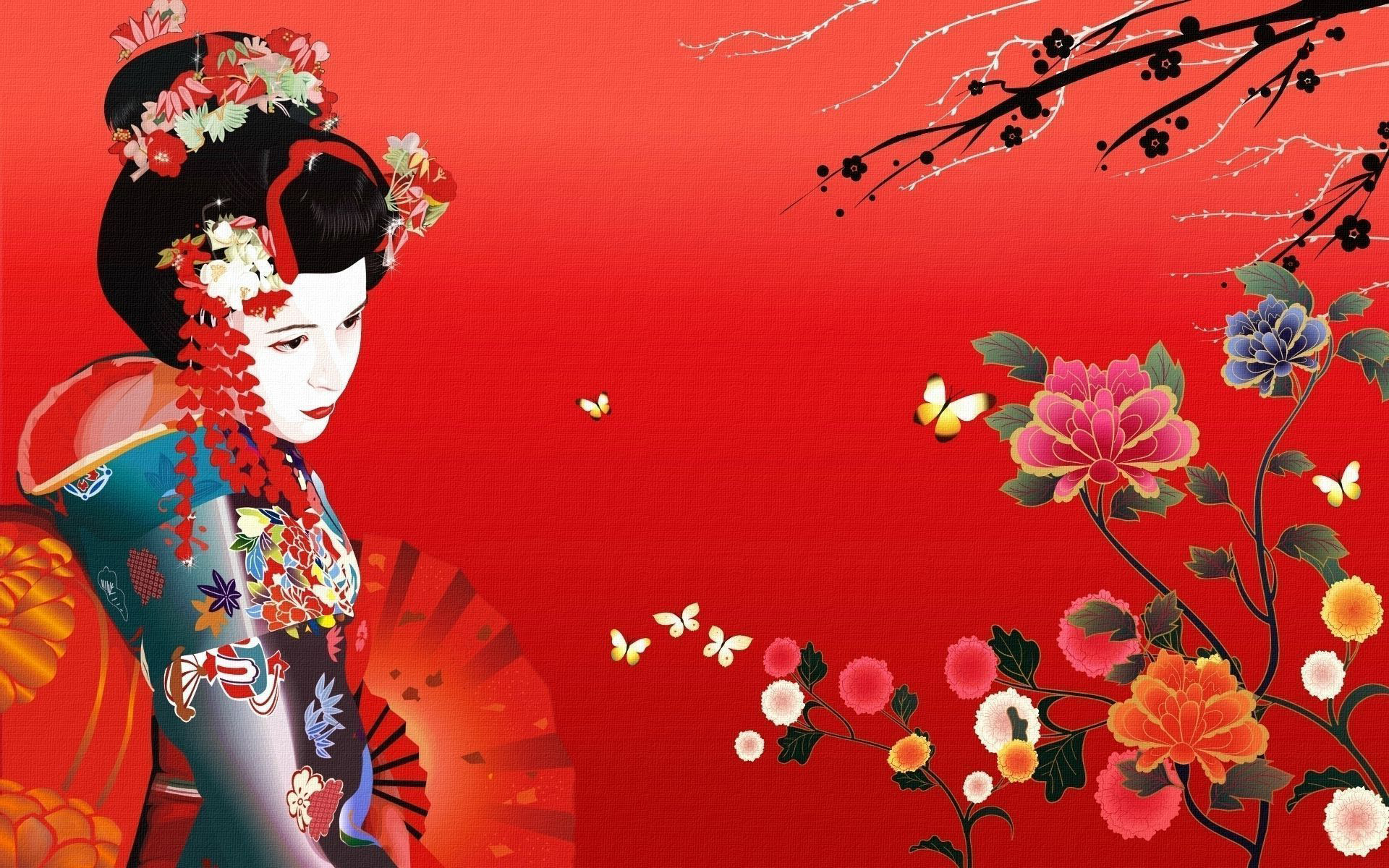 Wallpaper Flower Fan Geisha