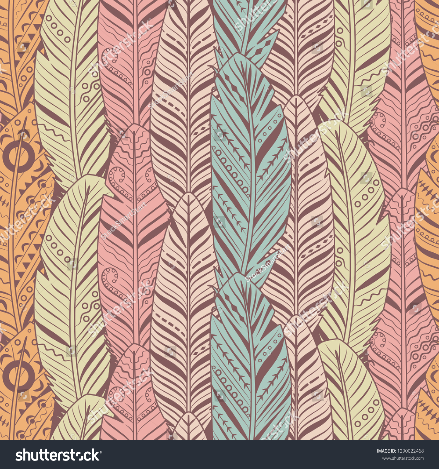 Hand Drawn Feathers Seamless Pattern Vintage Stock Vector Royalty