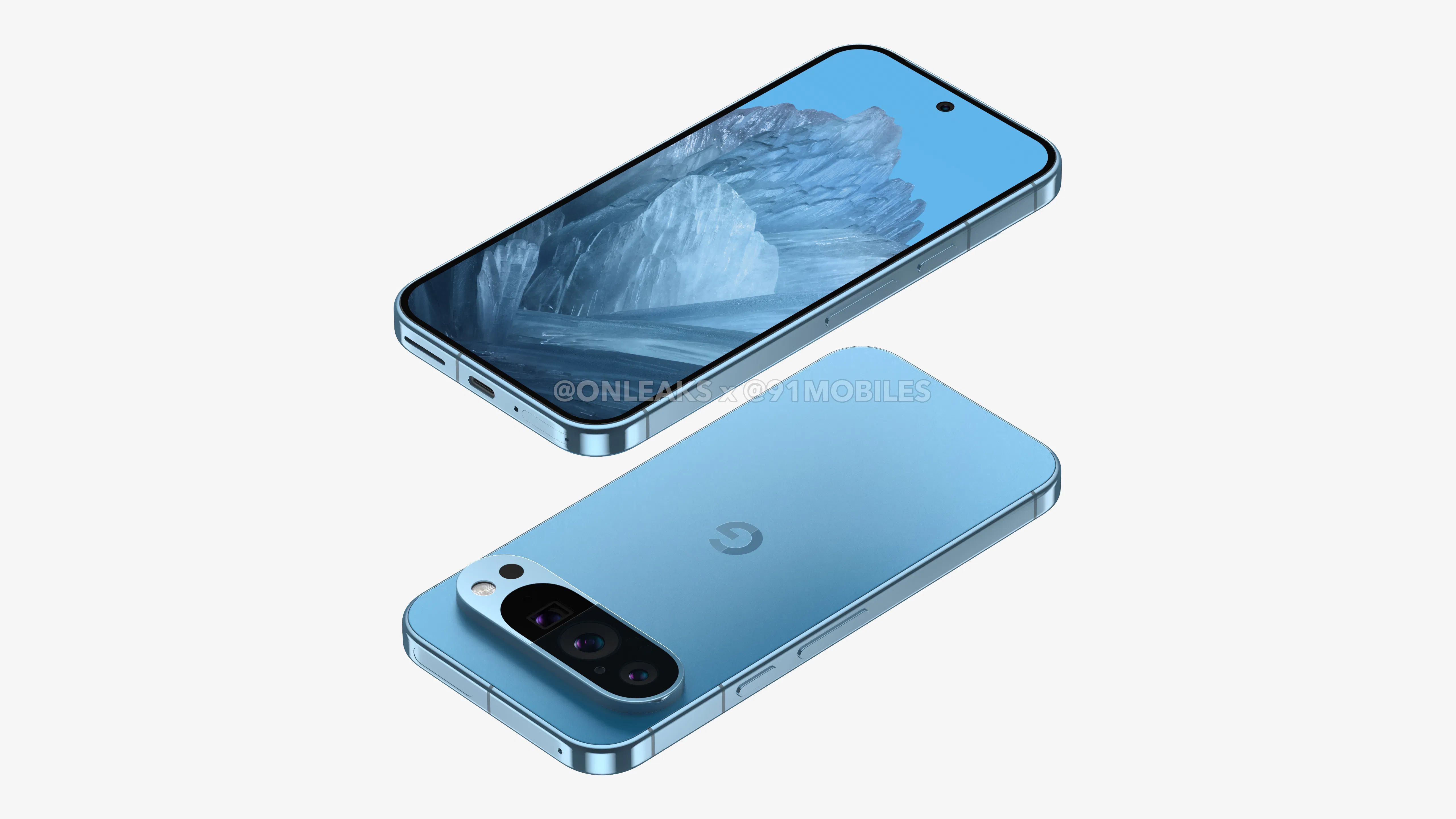 Leaked render of Google Pixel 9 showcasing its light blue color, flat display, and unique camera bump