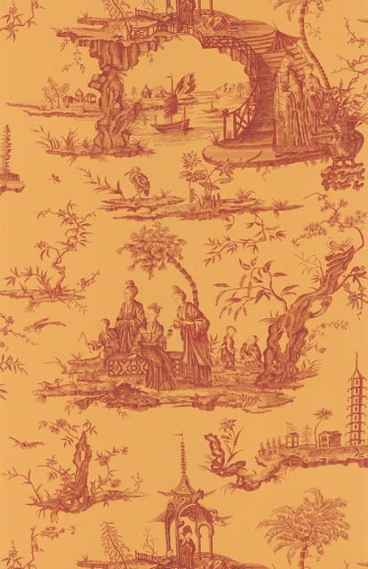 Brewster Gold Chinoiserie Toile Wallpaper Contemporary Wallpaper