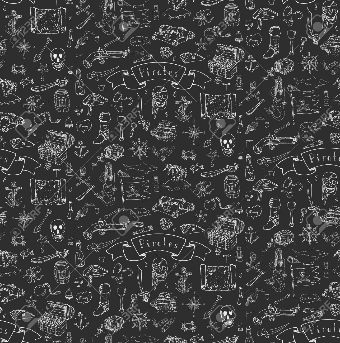 Seamless Background Hand Drawn Doodle Pirate Icons Set Vector