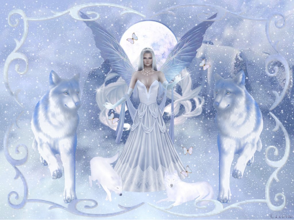 A snow angel with flowing white hair and a shimmering gown stands gracefully between two majestic white wolves, bathed in the soft glow of a full moon. Smaller white wolves rest at her feet, and delicate butterflies flutter around her, creating a serene winter wonderland scene
