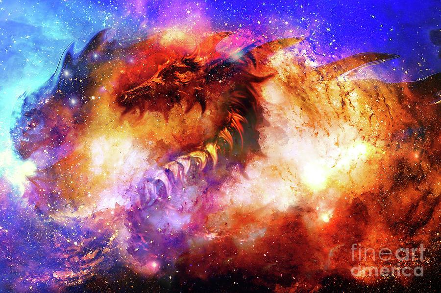 Cosmic Dragon In Space Abstract Background Mixed Media By