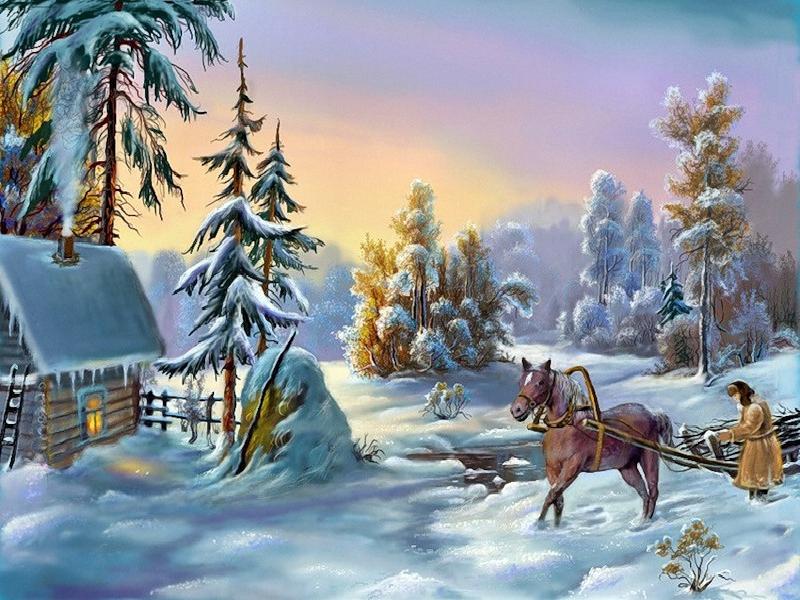 Yellow Spot Winter Wonderland Chimney Coat Horse House Man Painting