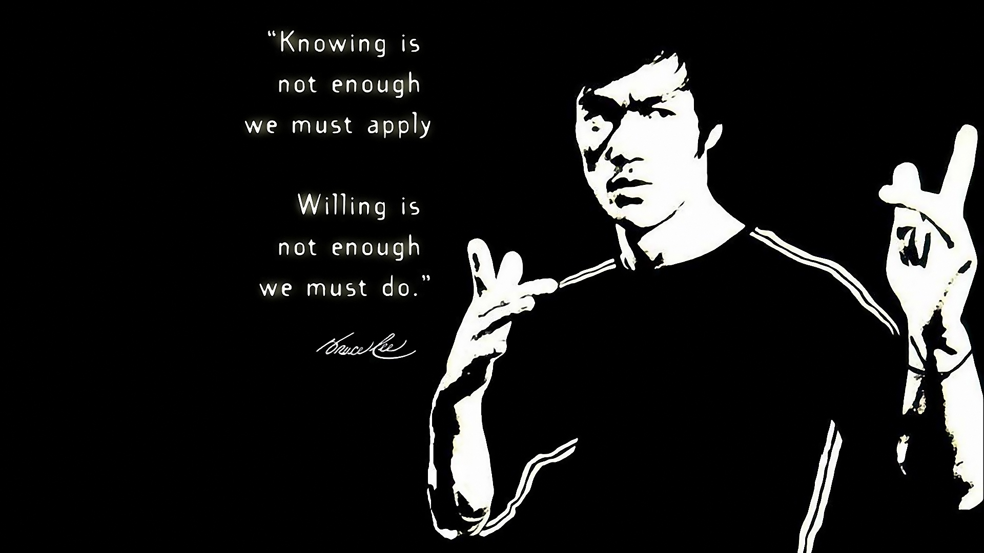 Black and white graphic of Bruce Lee with an inspirational quote about the importance of applying knowledge and taking action